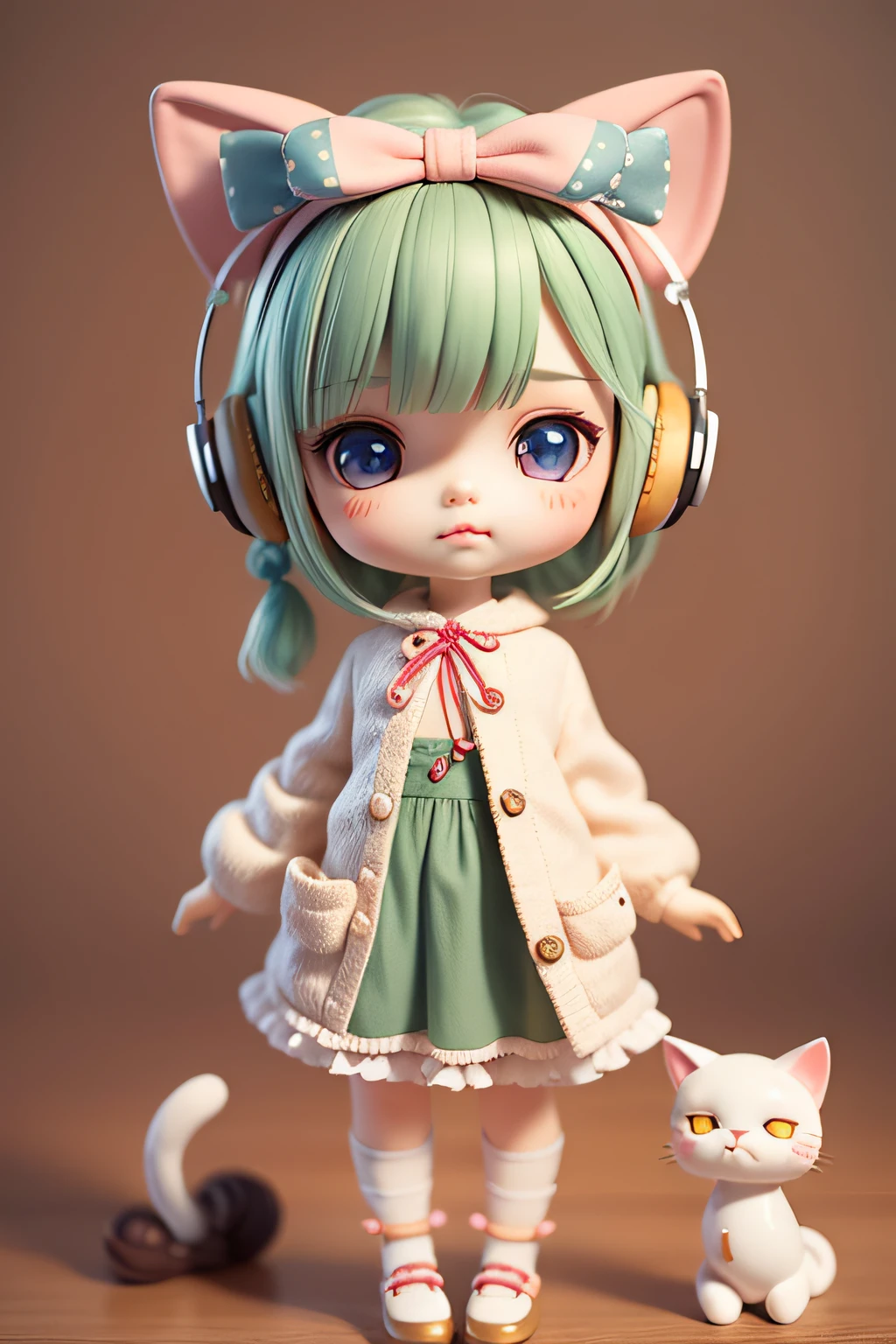 Cute BJD doll，short detailed hair，Two-headed body，Wearing cat ear headphones，Has a long cat's tail，A bow is tied around the tail，Tsundere expression，Authentic cloth texture