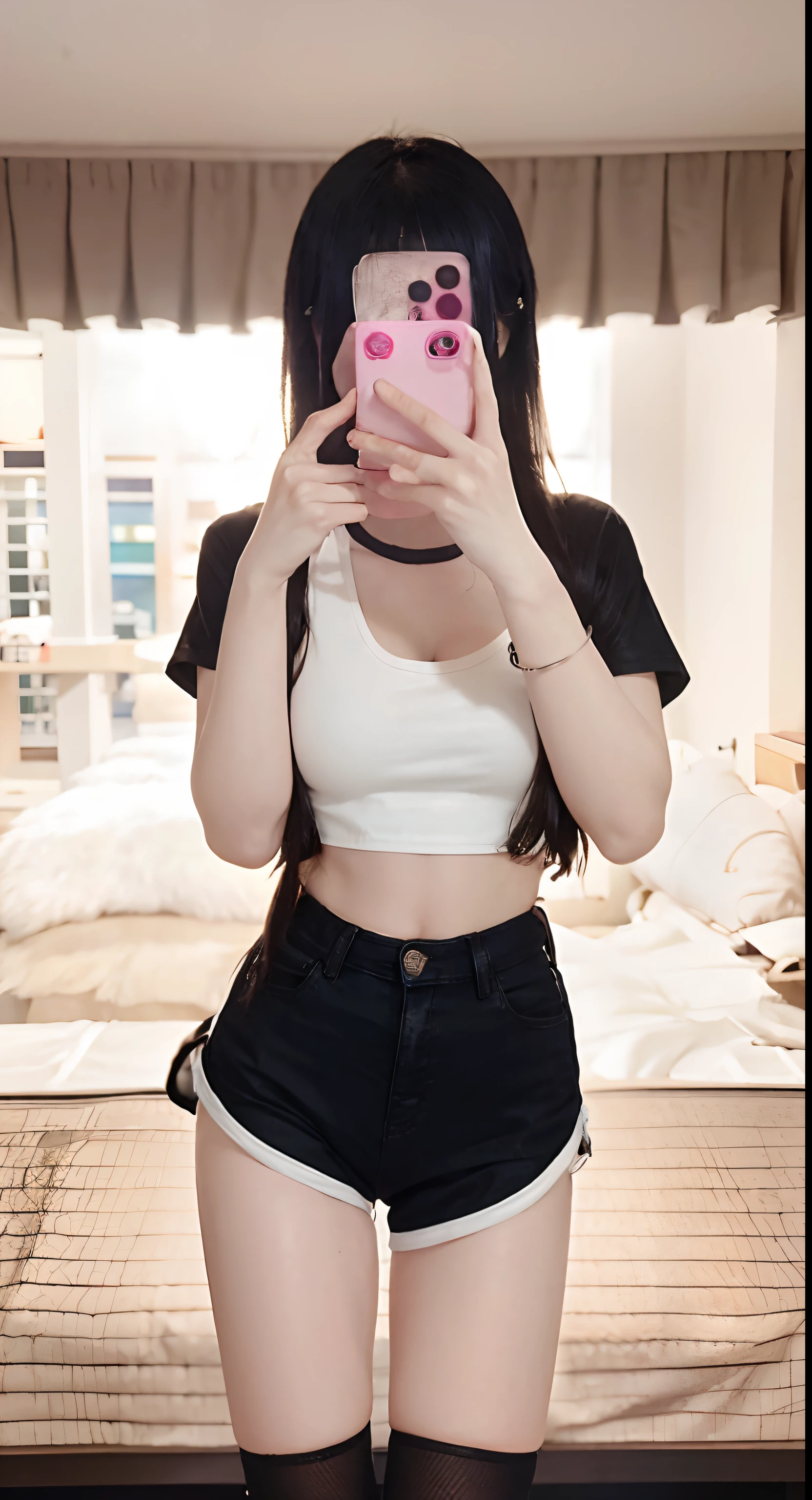 There was a woman taking a selfie wearing a short skirt, Thin waist, wearing tight simple clothes, Big breasts Thin waist, ulzzangs, Crop top, wearing sexy cropped top, wearing a crop top, with ripped crop t - shirt, Korean girl, photo of slim girl, Asian girl, cute sportswear, Her navel was exposed, full-body xianxia