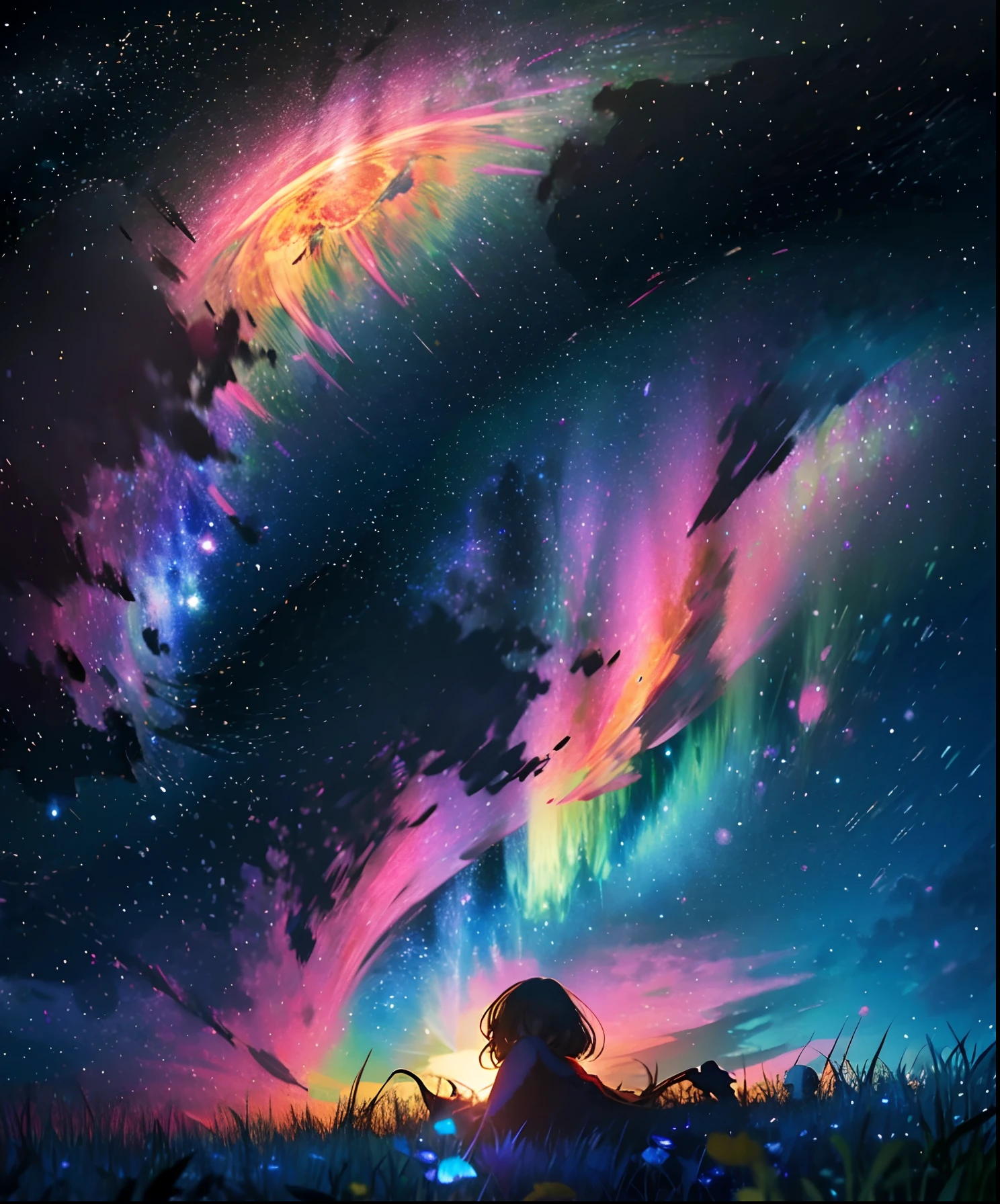 Describe a scene where a cute girl character is lying on a grassy hill, Looking up at the starry sky. Surround her with colorful nebulae and her favorite constellations.