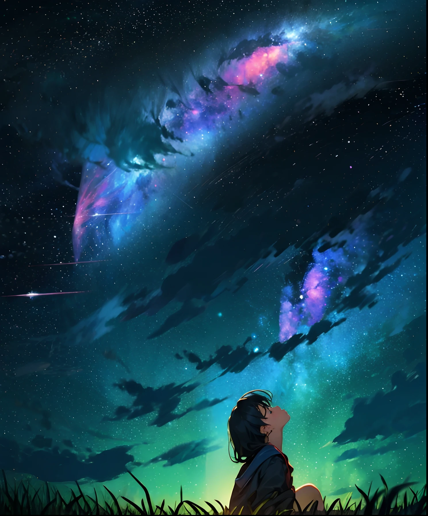 Describe a scene where a cute girl character is lying on a grassy hill, Looking up at the starry sky. Surround her with colorful nebulae and her favorite constellations.