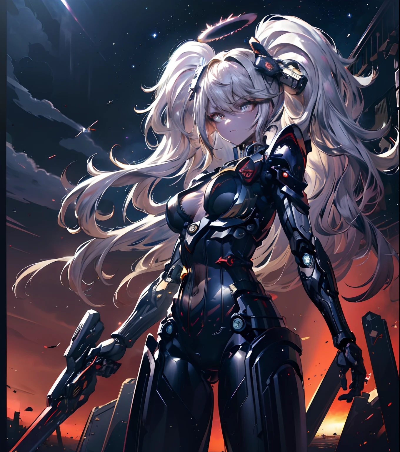 masterpiece,best quality,ultra-detailed,very detailed illustrations,extremely detailed,intricate details,highres,super complex details,extremely detailed 8k cg wallpaper,cowboy shot, caustics,reflection,ray tracing,demontheme,nebula,dark aura,cyber effect, (1girl:1.4),solo,alone,mecha musume,mechanical parts, robot joints,single mechanical arm, headgear, mechanical halo,star halo,intricate mechanical bodysuit, mecha corset, full armor, very long hair,white hair, hair between eyes, multicolored hair, colored inner hair, red eyes,glowing eye,eye trail, random expressions,random action, ancient japanese architecture,pond, starry sky,skyline,