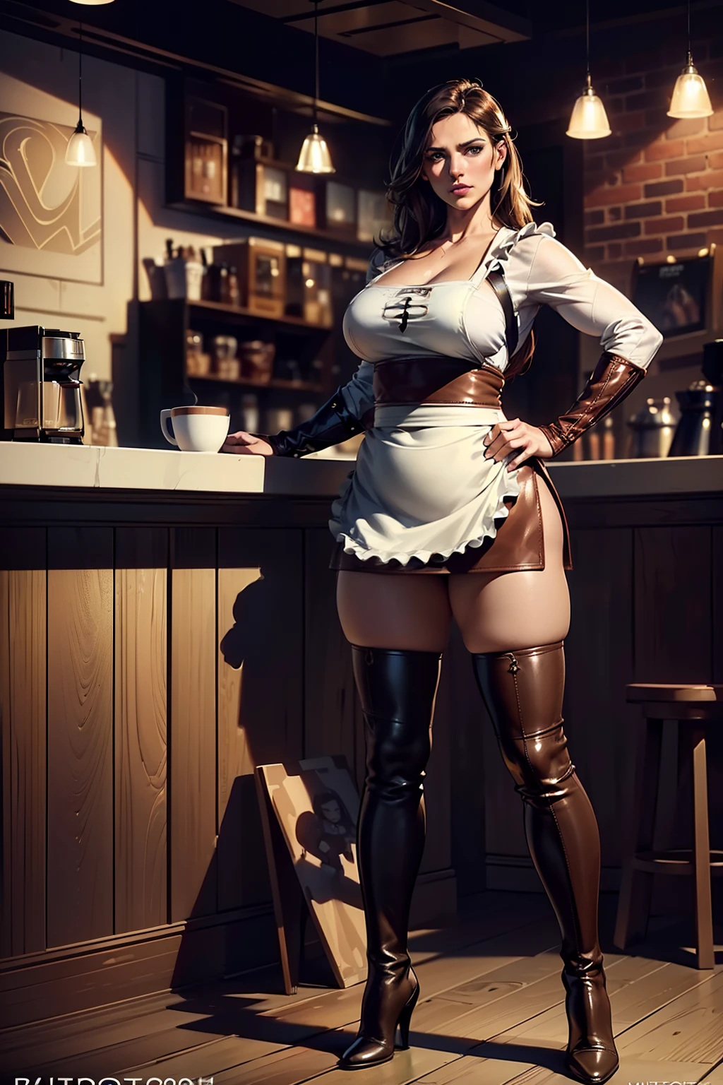 (((Full length body shot photo)))of (Megan Mace) in a (((leather apron))), realistic fabric texture, ((thigh-high boots)), (((white blouse))), (((superhero barista))), curvy body, power stance, legs wide, hourglass figure, coffee bar background, (beautiful caucasian face), (ultra-detailed, masterpiece), volumetric lighting, subsurface scattering, good anatomy, good proportions, High Detail, Sharp focus, dramatic, cinematic, dynamic pose (photorealistic:1.5), (mature adult:1.6),  (highest quality illustration), (line art:1.25), (2D) (masterpiece, award-winning, best quality:1.3), trending on ArtStation, trending on CGSociety, Intricately detailed, award-winning digital art,  8k, high resolution, best quality, natural beauty, sharp focus, award-winning photograph,