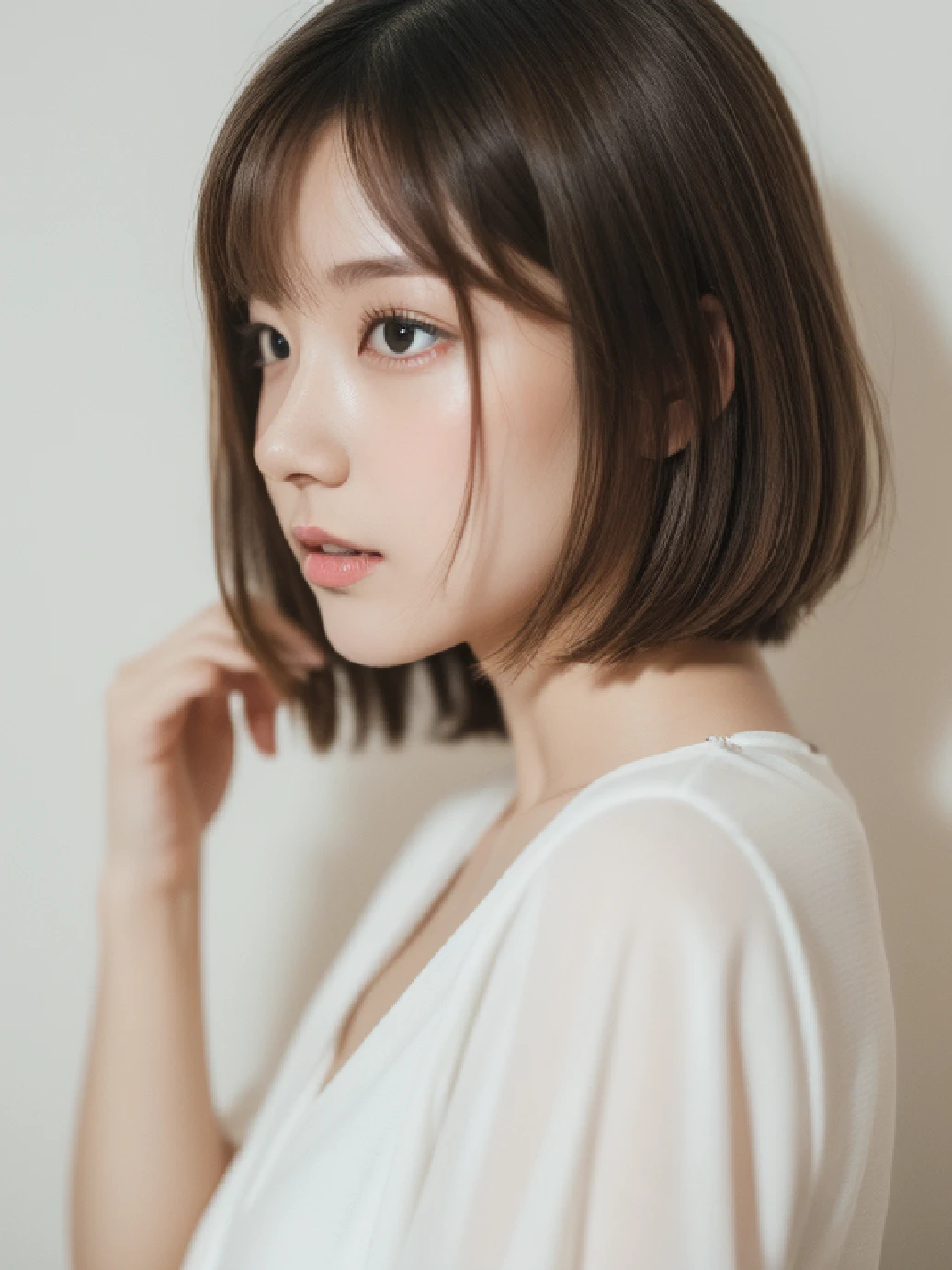 top-quality、​masterpiece、hight resolution、1girl in、独奏、Raw photo、Real person、Detailed skin、White Room、studio shoot、White walls only、japanes、short-cut、fully body photo、White shirt、modeled、profile