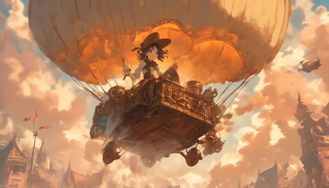 Chinese ink style,Steampunk world,Girl piloting steampunk flying machine,Suspended in the city air,Thick clouds,Ink animation art,Ink comic art,water ink,ink,Smudge,8K,Delicately portrayed,Works of masters,