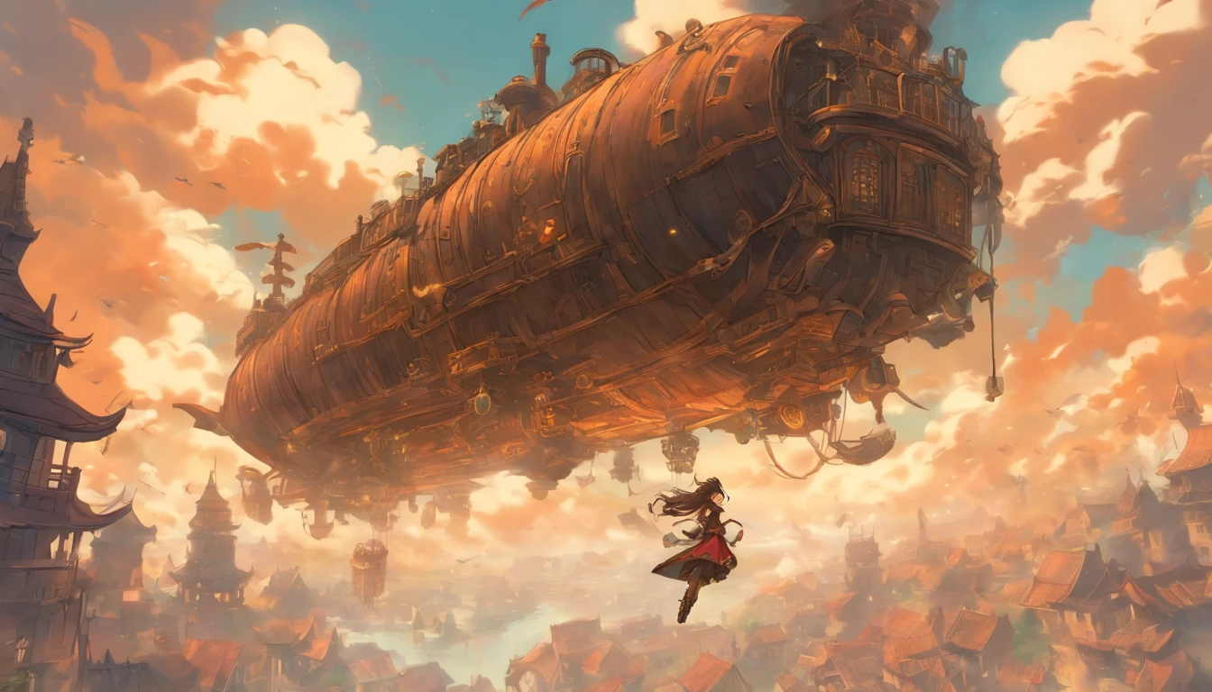 Chinese ink style,Steampunk world,Girl piloting steampunk flying machine,Suspended in the city air,Thick clouds,Ink animation art,Ink comic art,water ink,ink,Smudge,8K,Delicately portrayed,Works of masters,