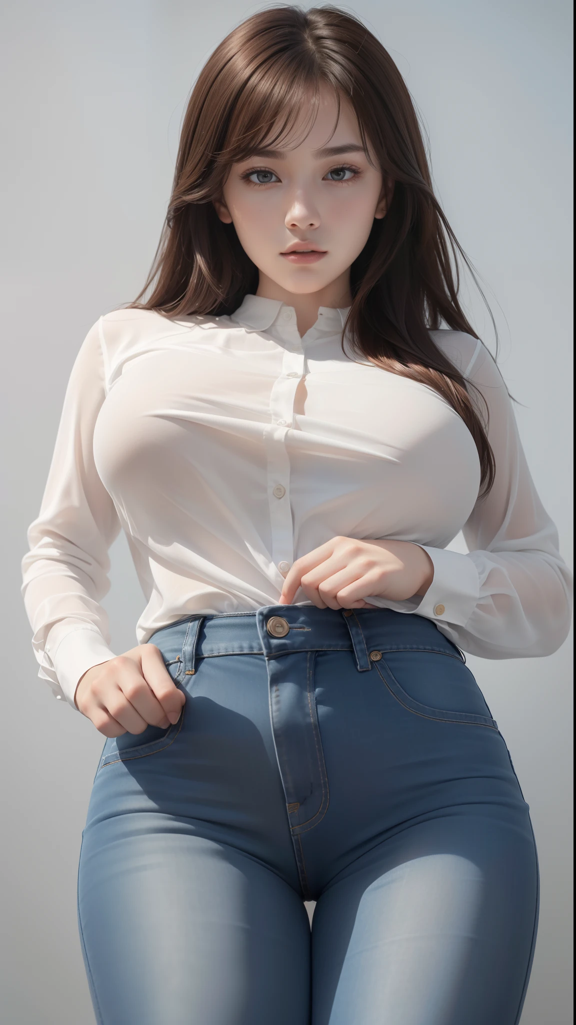 (8k, RAW photos, top quality, masterpiece: 1.2), (realistic, photorealistic: 1.37), (High Quality), (Ultra realistic), (High Details), (Face detail), (Shadow Detail), ((gigantic huge bresat : 1.5)), solo, 1 girl, brown hair, white shirt, blue jeans