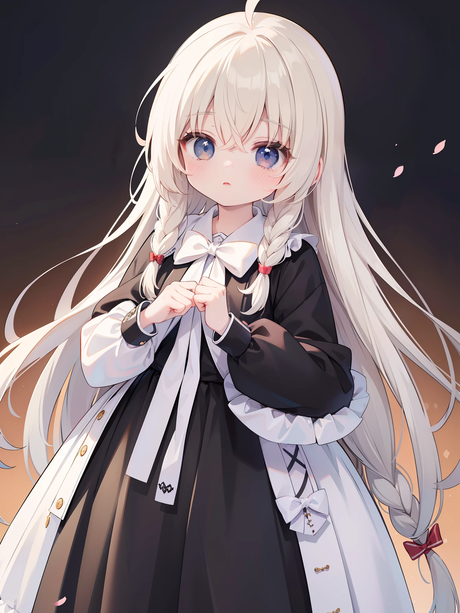 extremely detailed CG unified 8k wallpaper, very fine 8KCG wallpaper, absurderes,Lori ,Best Quality ,ultra-detailliert ,Beautiful face ,Zito-order、masterpiece、Show from head to waist、a girl is standing、top-quality(masterpiece), top-quality, 1girl in,、Light brown, long hair with slightly long curly bangs and hanging braids、Ahoge、White bow in hair
