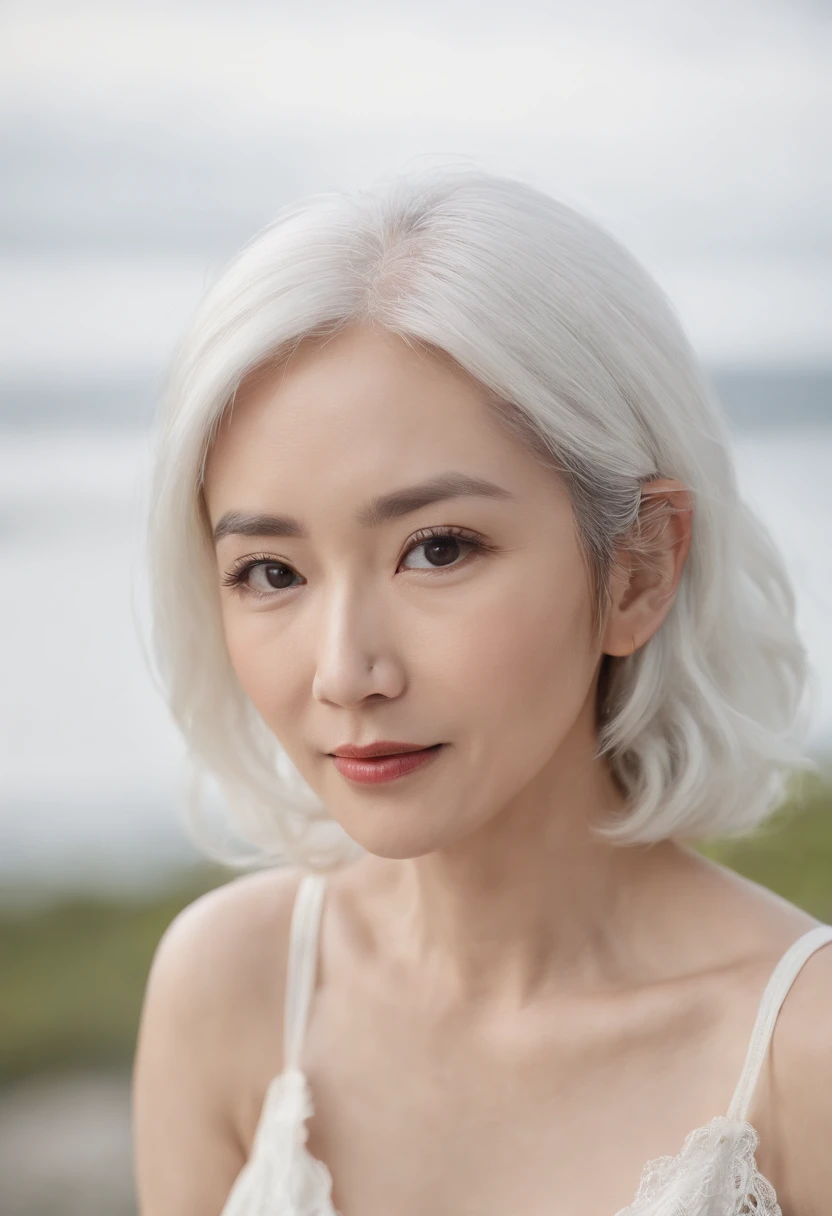 ((Superior Quality, K, masterpiece: 1.3)), Ayami Shiina, 60 year old asian woman, Beautiful woman with her perfect age figure: 1.3, (((white hair)), ((beutiful breast: 1.3)), (souls, cloudy water)),, (浴室)), ((Pause), ((crouching down, open one's legs)), Stripes, Medium Hair、Black knitwear
