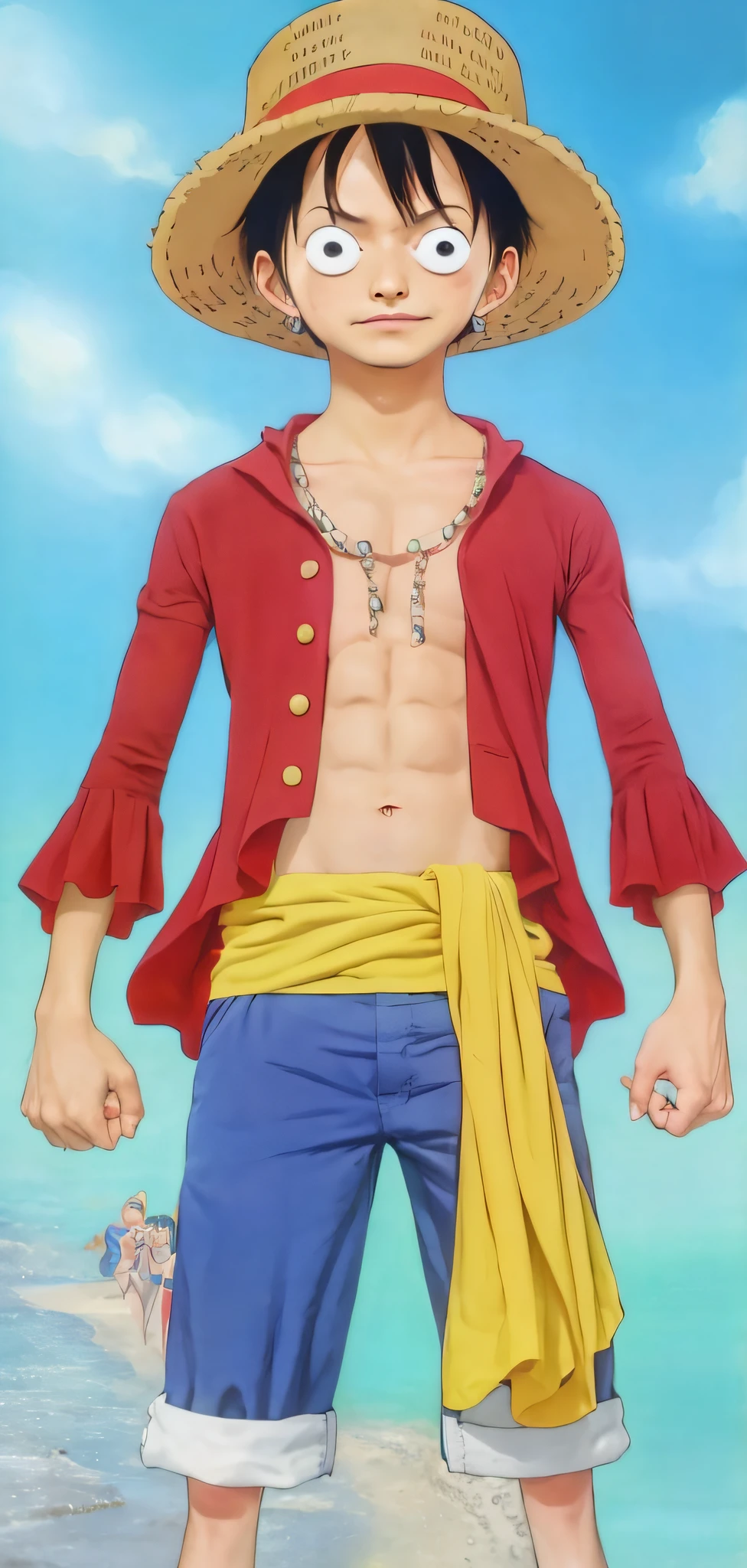 Realistic, highres, Monkey d. Luffy from one piece, A 19-year-old young man with short black hair, wearing a straw hat with a red ribbon. He is dressed in an open red jacket without buttons, revealing his muscular chest with a large X-shaped scar. Luffy is also wearing blue shorts and sandals. His hands are wrapped in bandages, and he is often seen with a wide smile and a confident posture. The background is a tropical island or ocean, reflecting his adventures as a pirate, realistic, cinematic, 4k