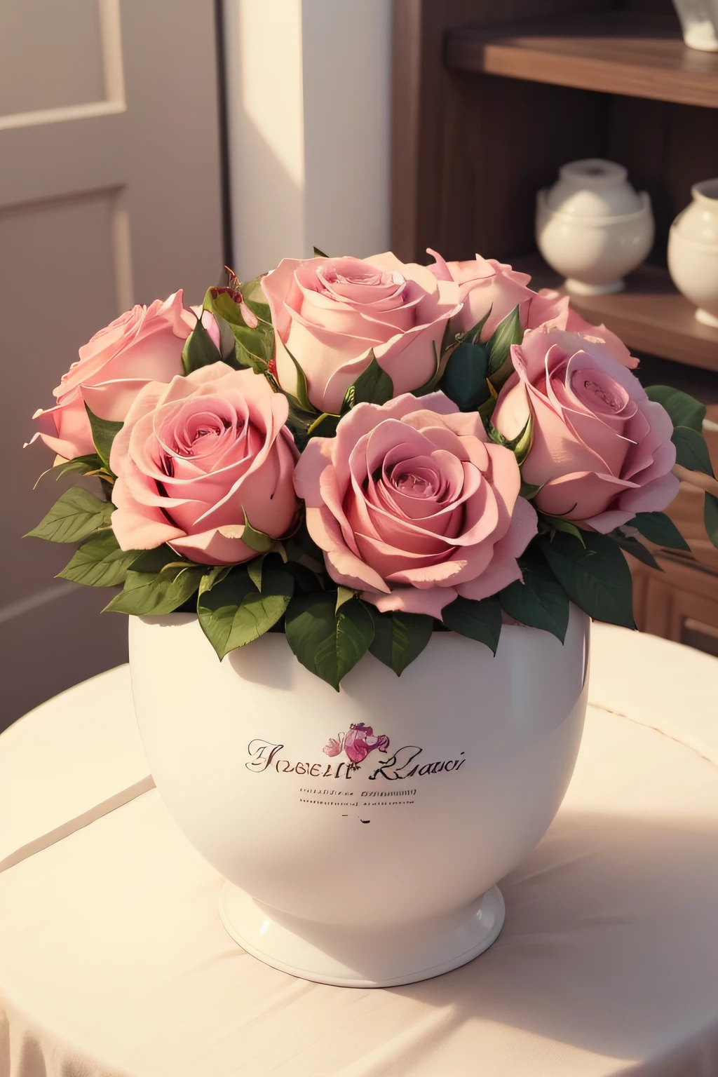 There is a pot of pink roses,Beautiful and aesthetic,with soft pink colors,Beautiful beauty,Natural and floral aesthetics,rose garden,rosette,White pot rose potted plant,Beautiful images, rosette, Fantastic aesthetics,Pinduoduo platform product map