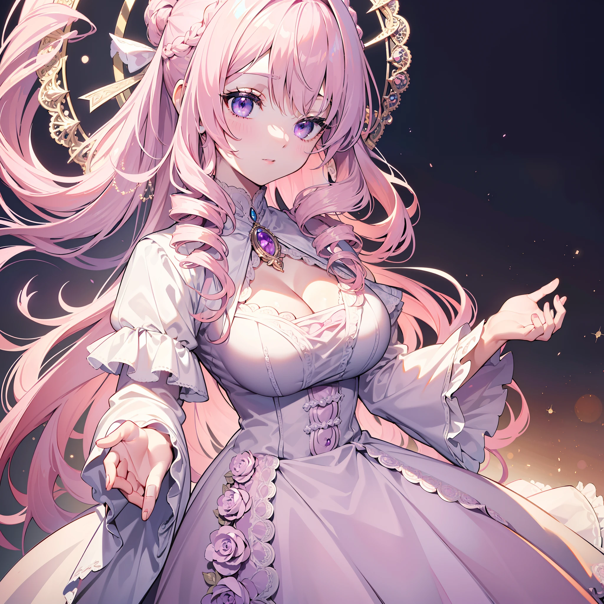 (masterpiece, best quality), intricate details, 8k, sharp focus, (bokeh) (best quality) (detailed skin:1.3) (intricate details) (8k) (detailed eyes) (anime girl) (light pink hair) (busty) (long hair) (drill hair) (wavy hair) (mature) (purple eyes) (elegant) (regal) (vintage) (beautiful) (dynamic pose) (Lolita dress) (lace) (ribbons)