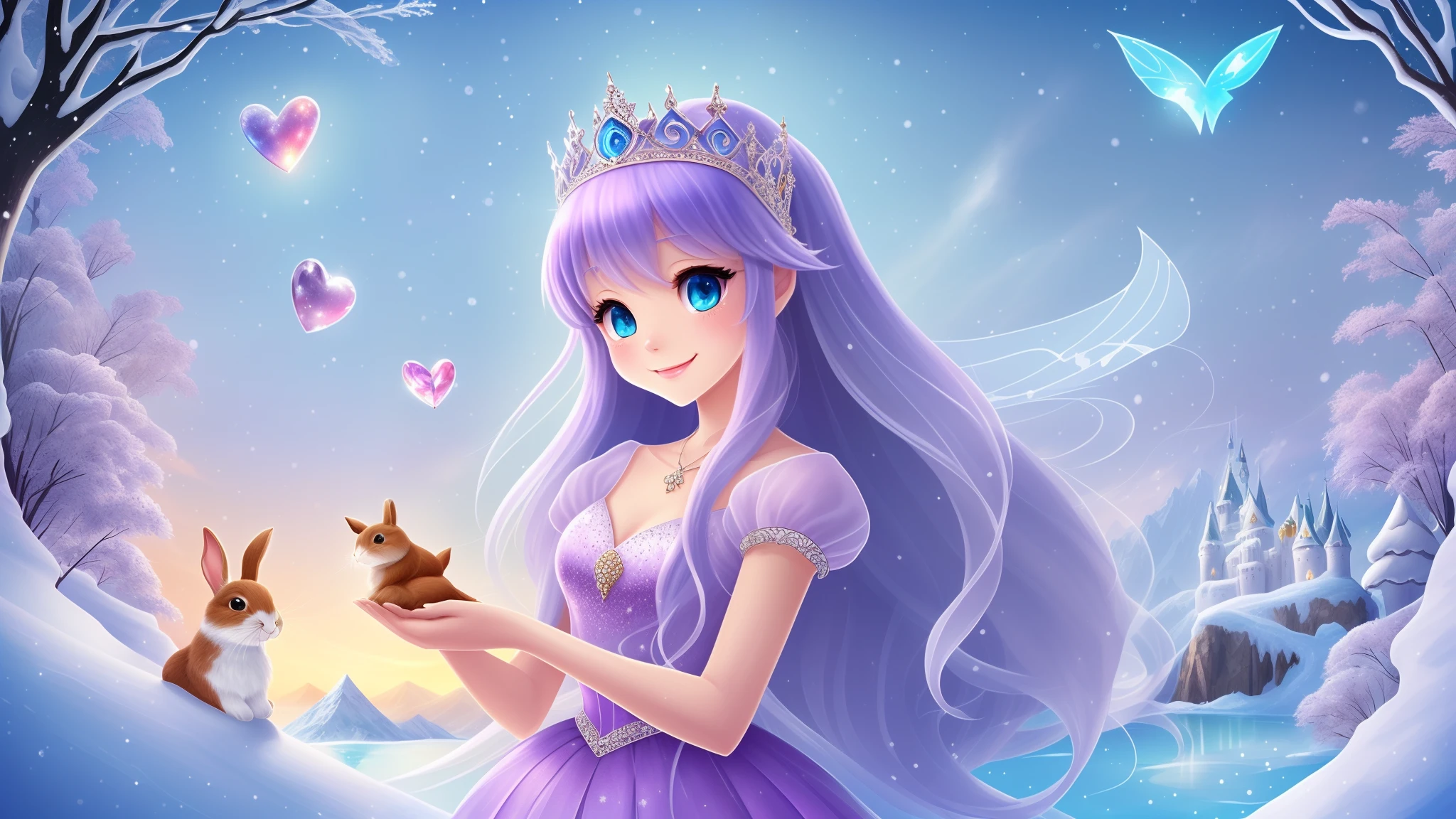 (Cute, Illustration: 1.3), cartoon princess, with charming smile and innocent eyes, (fairy tale world: 1.2), full of fantasy and dreamy colors, (ice and snow environment: 1.3), snow mountains and lakes with snowflakes, (shining ice and snow castle: 1.1), gorgeous and spectacular, (gorgeous princess dress: 1.2), costumes full of jewelry and ice crystals, (cute little animal friends: 1.3), with rabbits, birds, etc. Intimate company, (magical fairy: 1.2), bringing magic and blessings, (sweet and romantic love story: 1.1), the dreamy encounter of the princess and the prince, the power of courage and persistence, showing the beauty of the ice and snow fairy tale of the cute cartoon princess. --auto --s2