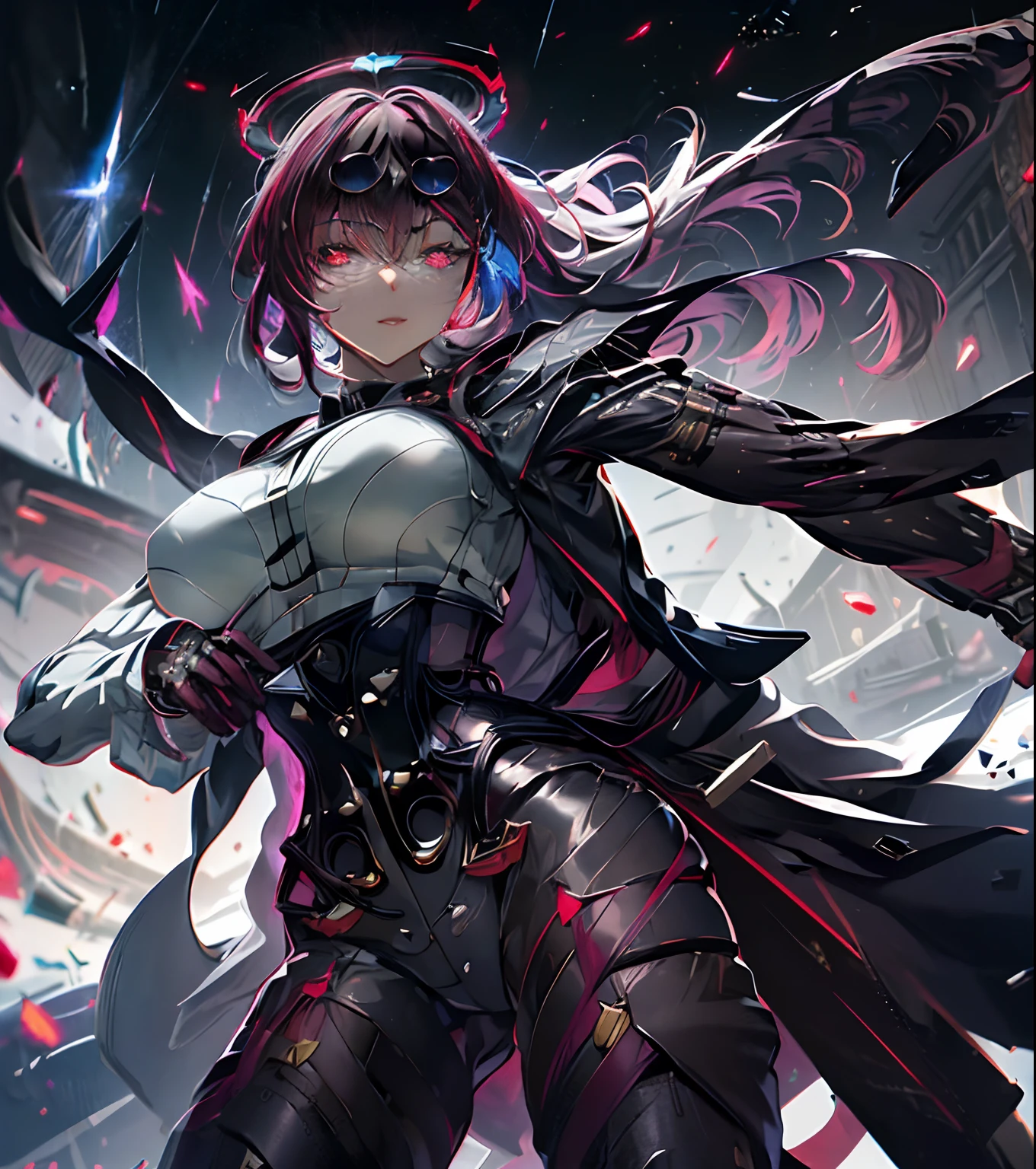 masterpiece,best quality,ultra-detailed,very detailed illustrations,extremely detailed,intricate details,highres,super complex details,extremely detailed 8k cg wallpaper,cowboy shot, caustics,reflection,ray tracing,demontheme,nebula,dark aura,cyber effect, (1girl:1.4),solo,alone,mecha musume,mechanical parts, robot joints,single mechanical arm, headgear, mechanical halo,star halo,intricate mechanical bodysuit, mecha corset, full armor, very long hair,white hair, hair between eyes, multicolored hair, colored inner hair, red eyes,glowing eye,eye trail, random expressions,random action, ancient japanese architecture,pond, starry sky,skyline,