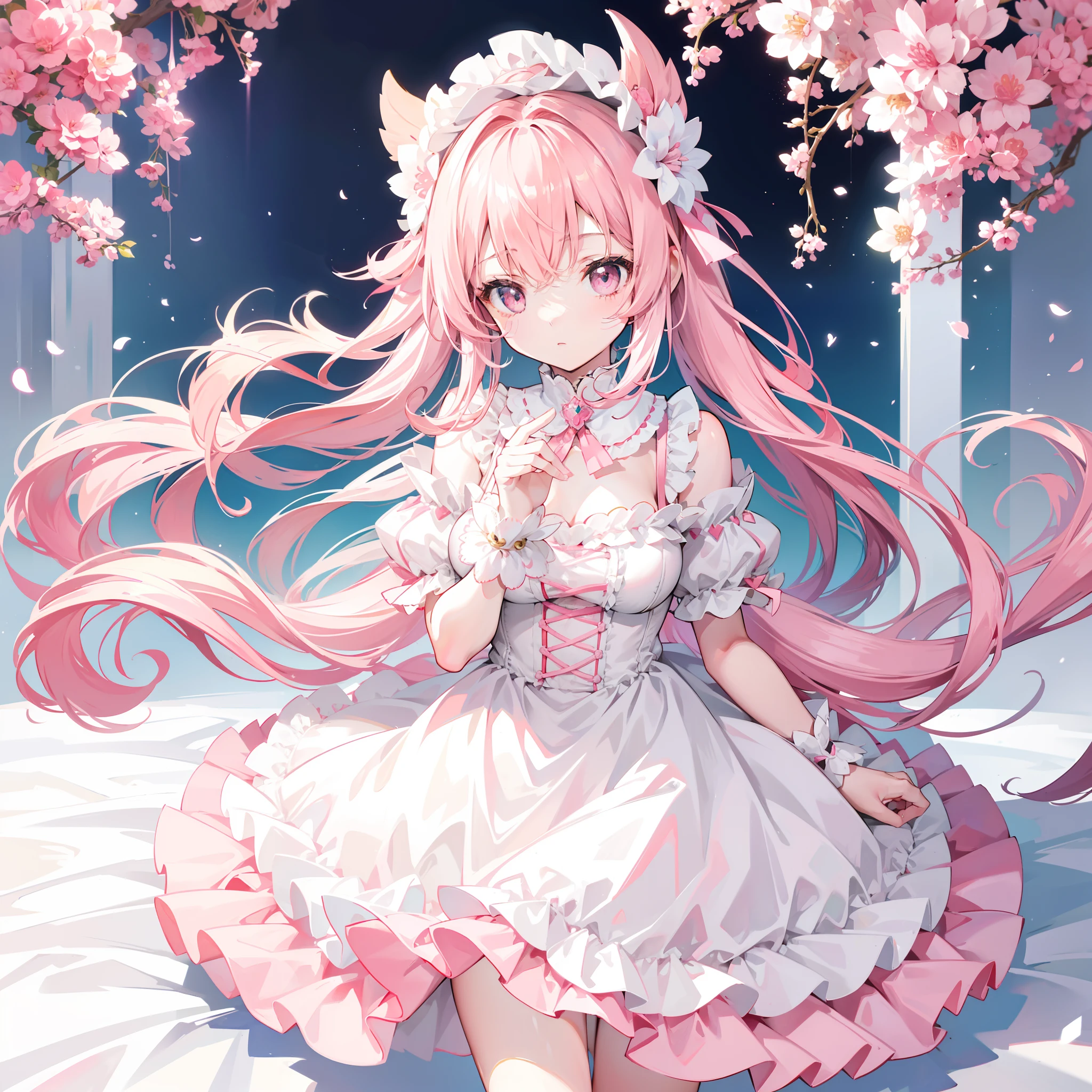 1girl, rating:safe, solo, striped, dress, vertical_stripes, blush, long_hair, pink_hair, hair_ornament, long_sleeves, breasts, blue_eyes, eyebrows_visible_through_hair, bangs, puffy_sleeves, very_long_hair, frills, flower, bow, smile, juliet_sleeves, vertical-striped_dress, looking_at_viewer, striped_bow, hair_flower, open_mouth, hair_bow, cleavage, frilled_dress, medium_breasts, striped_dress, bare_shoulders, striped_background, diagonal_stripes, two_side_up, pink_bow, brown_hair, pink_flower, petals, sleeves_past_wrists, white_dress, ribbon, small_breasts