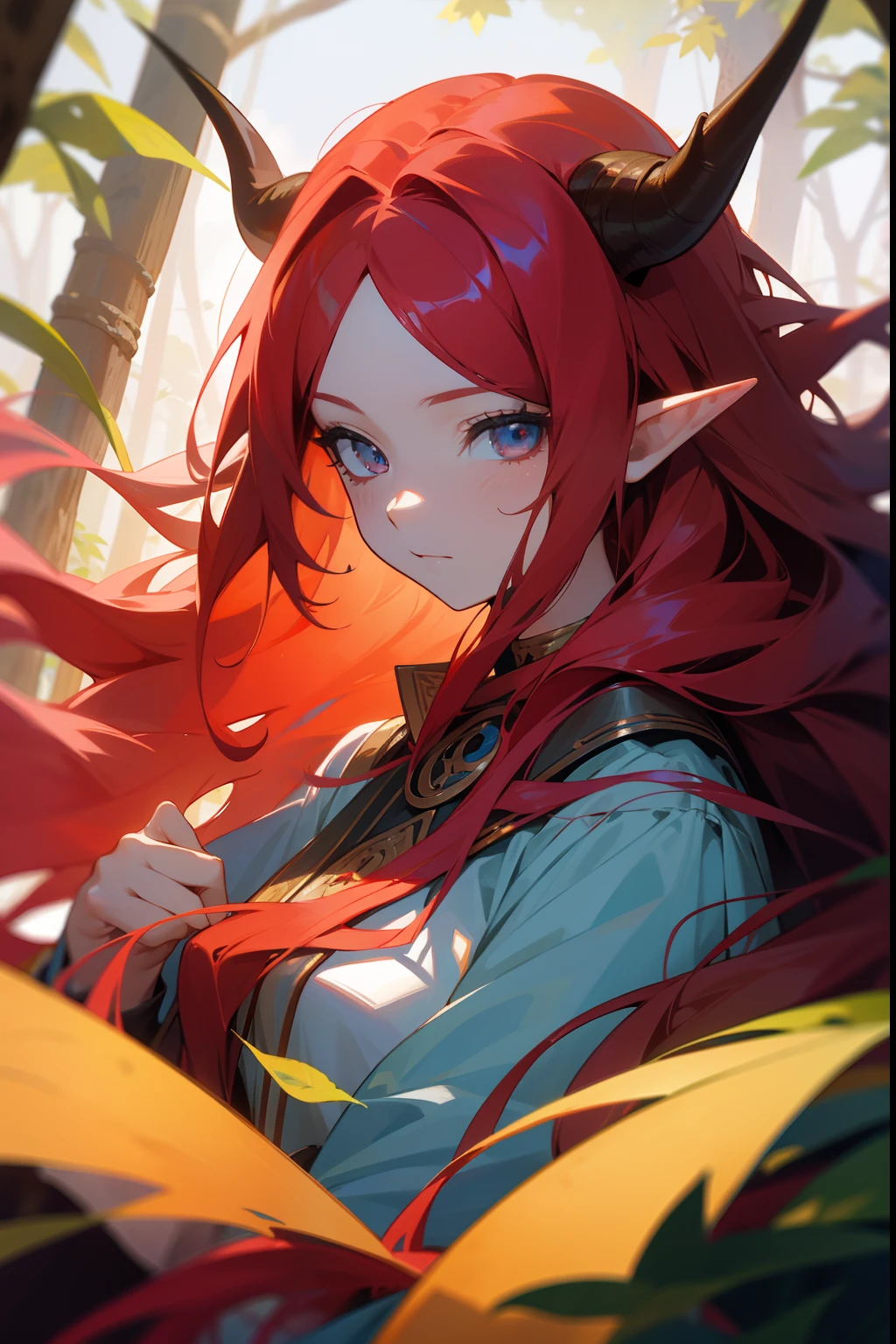 (tmasterpiece,best qualtiy), 1girll, Complicated details, Long red hair, leafs, wavey hair, looks into camera, the elf, The upper part of the body, ln the forest, frilld, thin fog, cow horn,in wonderland