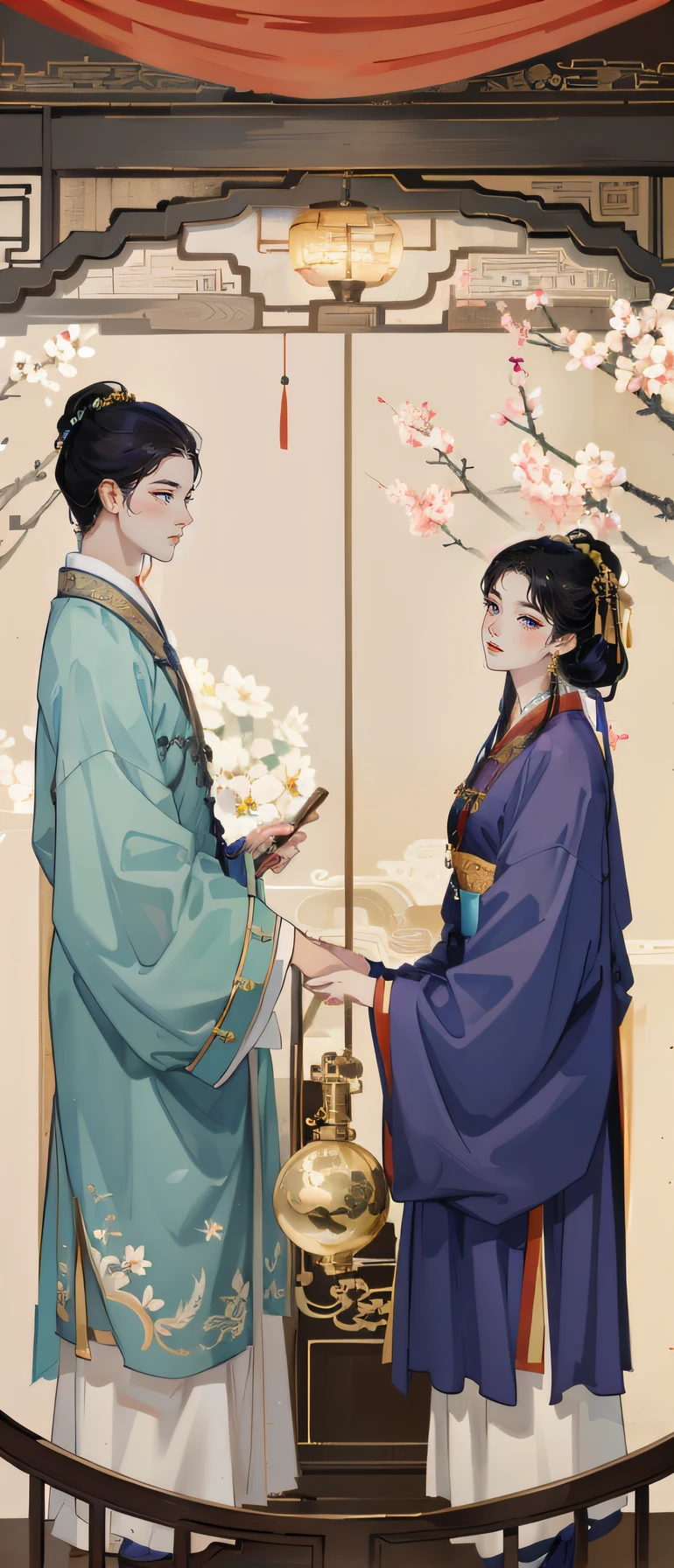 A man and a woman wear ancient Chinese clothes, with acient chinese clothes, Traditional Chinese clothing, White Hanfu, dragon-inspired cloth robes, interior scenes,Ancient bedroom,round doors,indoor background,A boy in Hanfu holding a book, Girl holding a round fan,A girl in Hanfu, wearing a long flowing robe, Wearing a luxurious silk cloak, dressed in simple robes, Wearing a flowing purple robe,The boy on the left,Girl on the right,