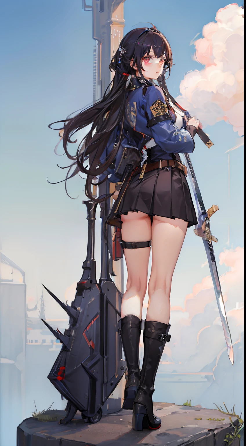 Ruffled uniforms、Hot pants under the skirt、odd eye、A dark-haired、boots、I'm carrying a great sword on my back