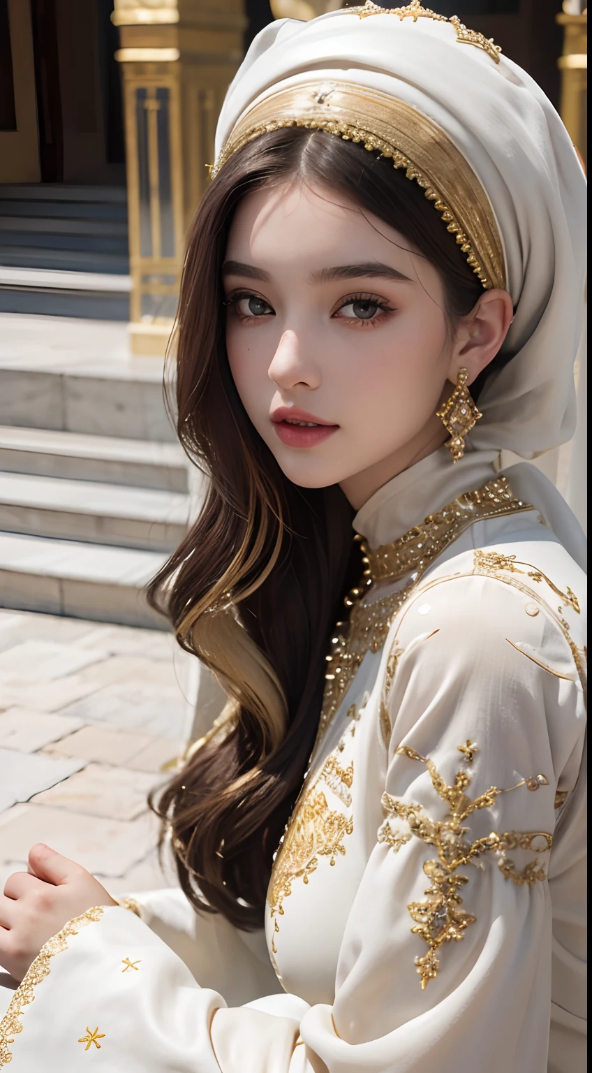 (master piece: 1.3), (8k, photoreallistic, Photo brute, beste-Qualit: 1.4), (1fille), European beautiful face, (realistic face), (cheveux rouge laires, cheveux long 1.3), belle coiffure, realistic crystal bright shining eyes, beautiful detailed eyes brilliant European beauty, (realistic skin), belle peau, (tirer), absurdes, attrayant, ultra highres, ultra realist, highly detailed, Golden Number wearing a Moroccan Islamic caftan outfit half red half white différent angle de vue Epic Legendary perspective shot