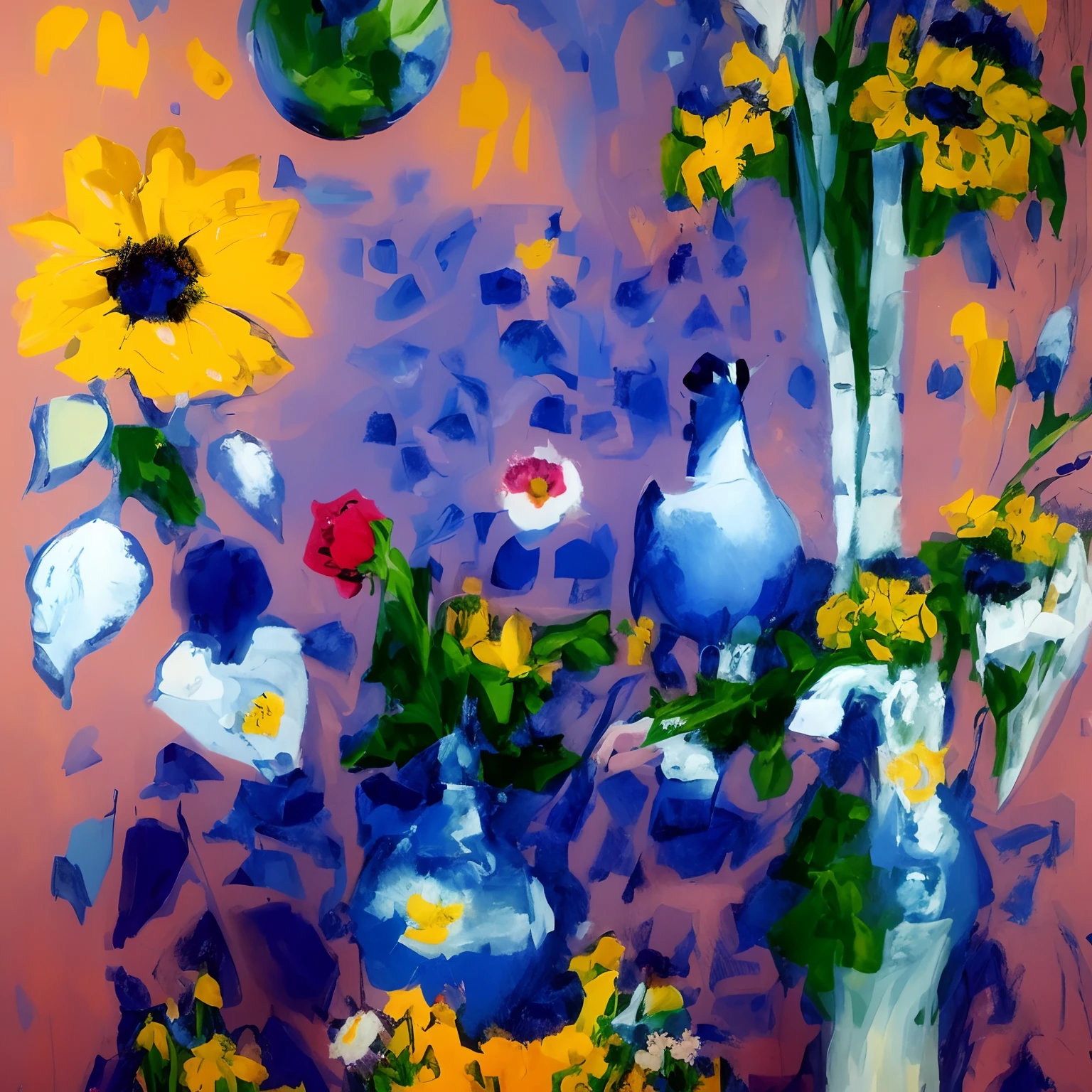 painting of a painting of a bird and flowers in a vase, inspired by Marianne von Werefkin, inspired by Marcel Chagall, inspired by Marc Chagall, inspired by Chagall, inspired by Marcell Chagall, inspired by Asger Jorn, magical fauvism, inspired by Natalia Goncharova, inspired by Odilon Redon, inspired by Pacita Abad