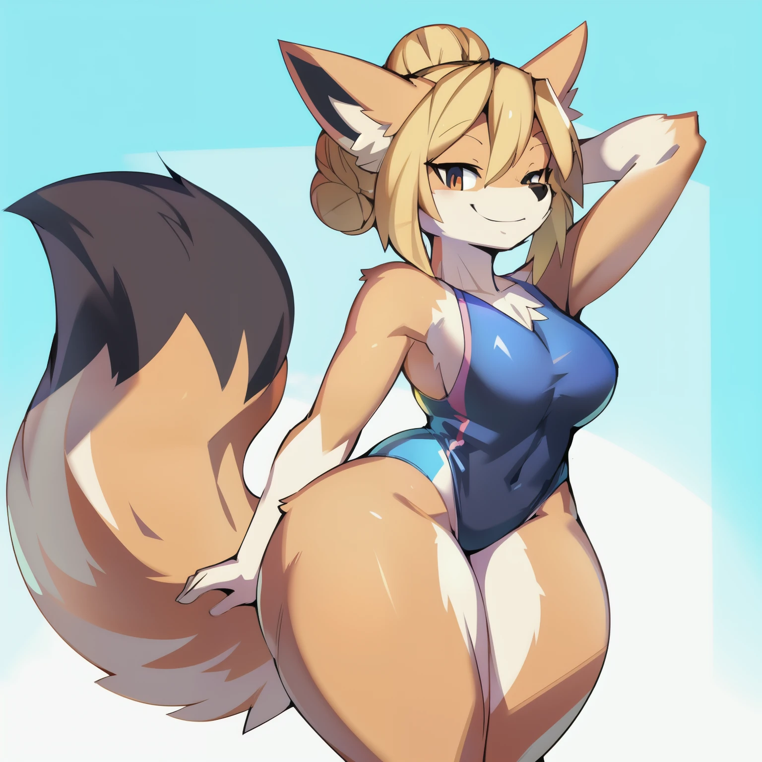 by studio_trigger, solo, female, vulpine, cream colored fur, (snout, hair, tail), one tail, loose bun hair style, hair style, smile, happy smile, lean body, wide hips, thick thighs, black one-piece swimsuit.