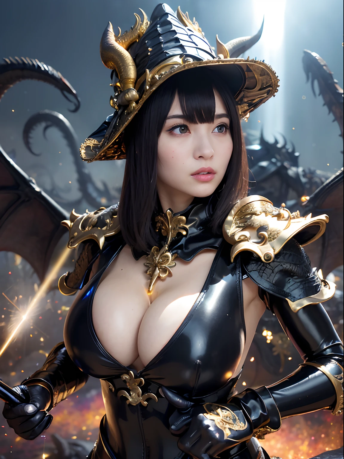((World of Darkness)),Professional , masterpiece、top-quality、photos realistic , depth of fields 、(((With a magic wand of gems))),(Dragon Black Metal Body:1.9),(latex black-blue、(cleavage of the breast)、(intense fighting),Dragon Gold Weapon、(((Particles of light))),(Micro Bikini Armor:1.7),Gorgeous gold weapons ,(Fight dragons)、Seductive look、,Blood on the face,Blood Rain,Blood fog、(blood splattere、((((With a shining magic wand))), ) , (((Wearing a black latex wizard hat))),(demonic wings) ,((a blond))、(Castle background)、((Gangle's forest background))、Beautiful Caucasian beauty、1a person、dynamic ungle,(((Detailed and ornate dragon wizard hat)))、Smaller head、A smile、Castle background、Thin and beautiful female hands、cleavage of the breast、Soldier in iron armor on background、Mystical expression、Light Effects、intense fighting、Wind-effect、magic circles、With the legendary magic wand、Dragon's tail、explosions、Toostock、Toostock、(a beauty girl),