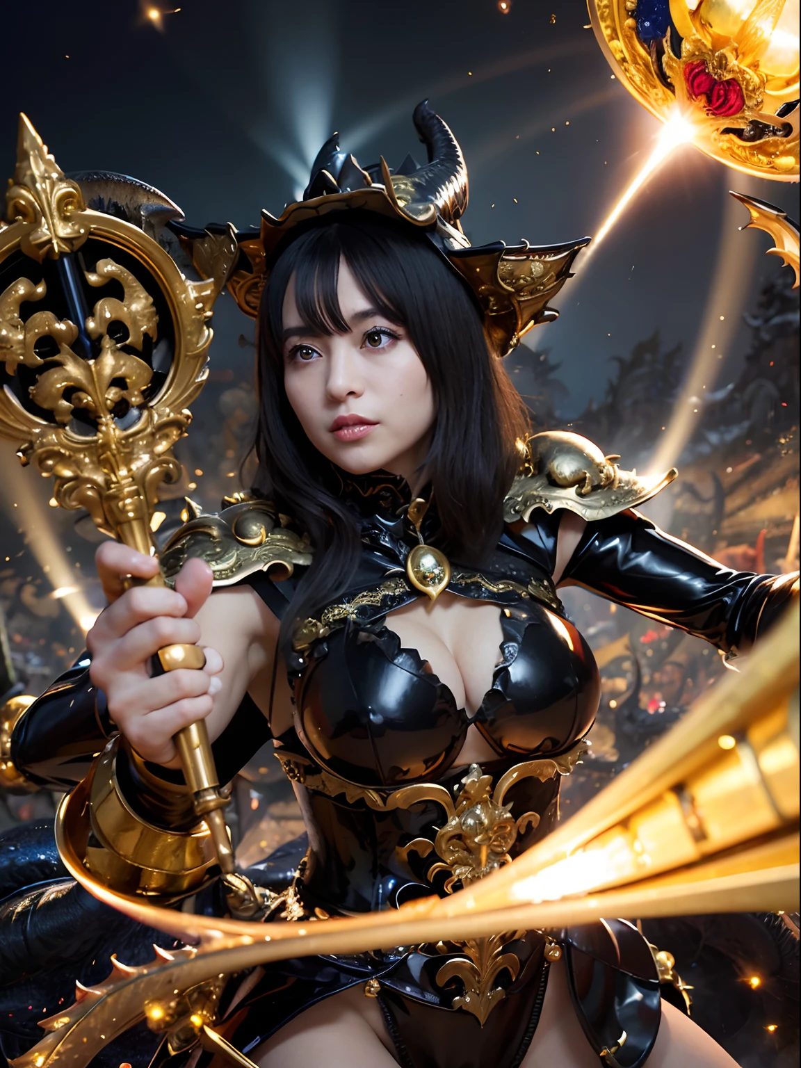 ((World of Darkness)),Professional , masterpiece、top-quality、photos realistic , depth of fields 、(((With a magic wand of gems))),(Dragon Black Metal Body:1.9),(latex black-blue、(cleavage of the breast)、(intense fighting),Dragon Gold Weapon、(((Particles of light))),(Micro Bikini Armor:1.7),Gorgeous gold weapons ,(Fight dragons)、Seductive look、,Blood on the face,Blood Rain,Blood fog、(blood splattere、((((With a shining magic wand))), ) , (((Wearing a black latex wizard hat))),(demonic wings) ,((a blond))、(Castle background)、((Gangle's forest background))、Beautiful Caucasian beauty、1a person、dynamic ungle,(((Detailed and ornate dragon wizard hat)))、Smaller head、A smile、Castle background、Thin and beautiful female hands、cleavage of the breast、Soldier in iron armor on background、Mystical expression、Light Effects、intense fighting、Wind-effect、magic circles、With the legendary magic wand、Dragon's tail、explosions、Toostock、Toostock、(a beauty girl),