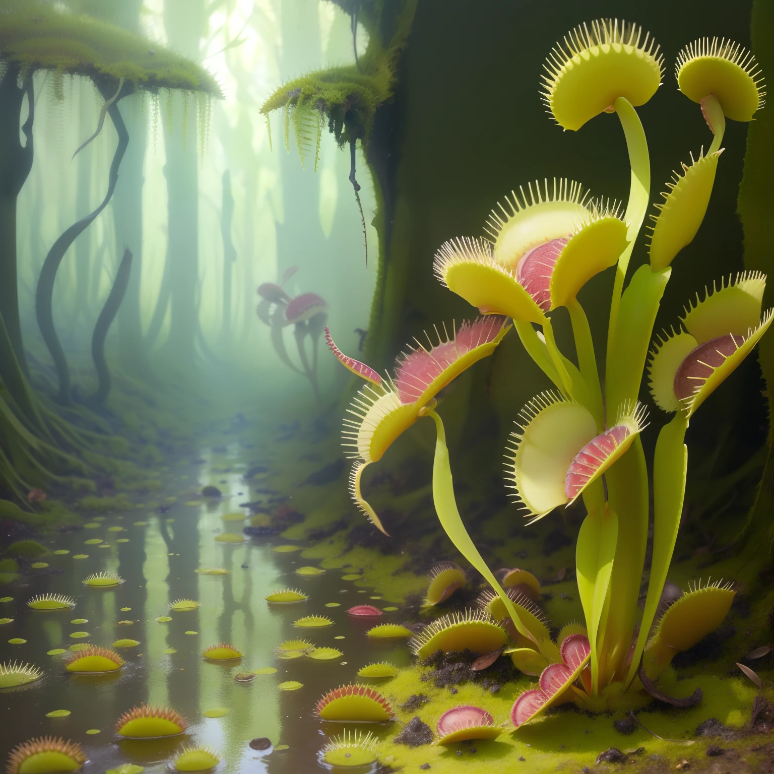 ((Venus flytrap)), Venus flytrap plant, rotten, water, fog, evening, dark, best quality, 4k, swamp, dark swamp,