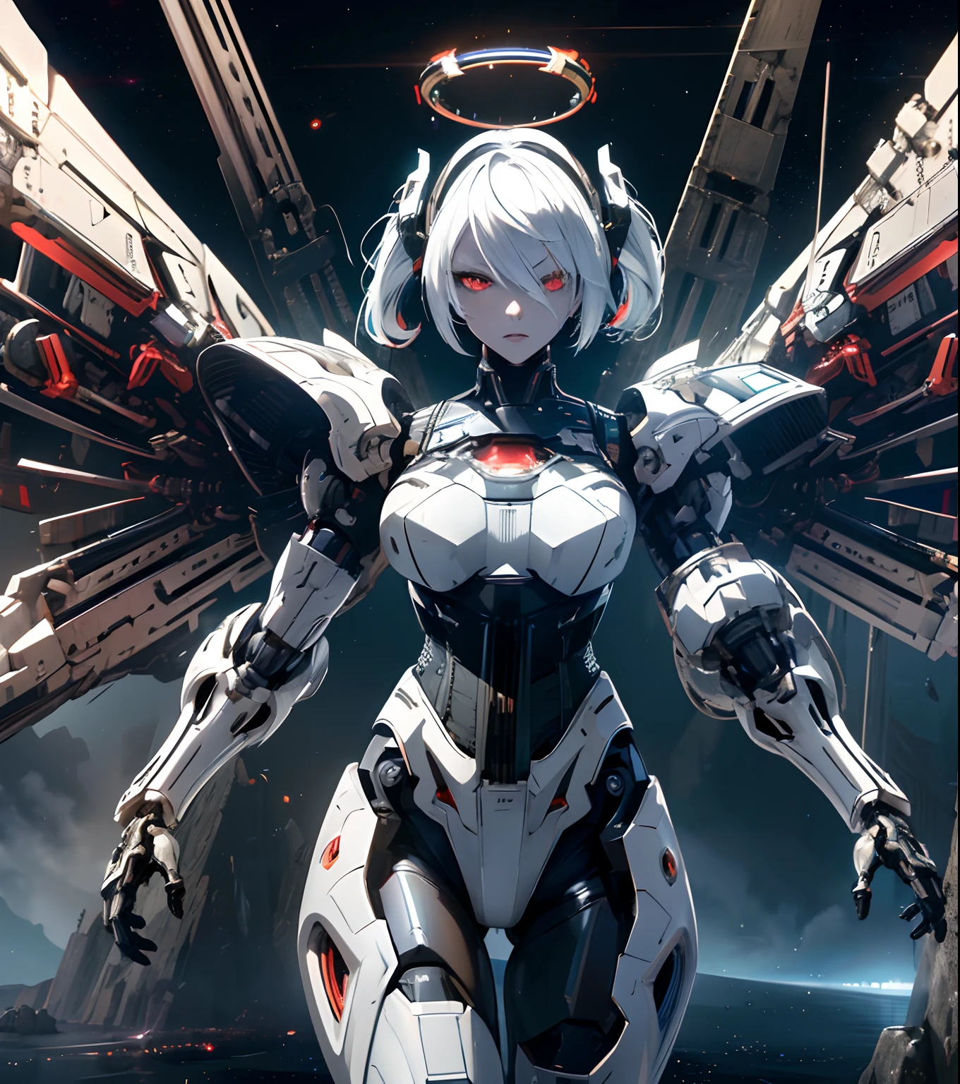 masterpiece,best quality,ultra-detailed,very detailed illustrations,extremely detailed,intricate details,highres,super complex details,extremely detailed 8k cg wallpaper,cowboy shot, caustics,reflection,ray tracing,demontheme,nebula,dark aura,cyber effect, (1girl:1.4),solo,alone,mecha musume,mechanical parts, robot joints,single mechanical arm, headgear, mechanical halo,star halo,intricate mechanical bodysuit, mecha corset, full armor, very long hair,white hair, hair between eyes, multicolored hair, colored inner hair, red eyes,glowing eye,eye trail, random expressions,random action, ancient japanese architecture,pond, starry sky,skyline,