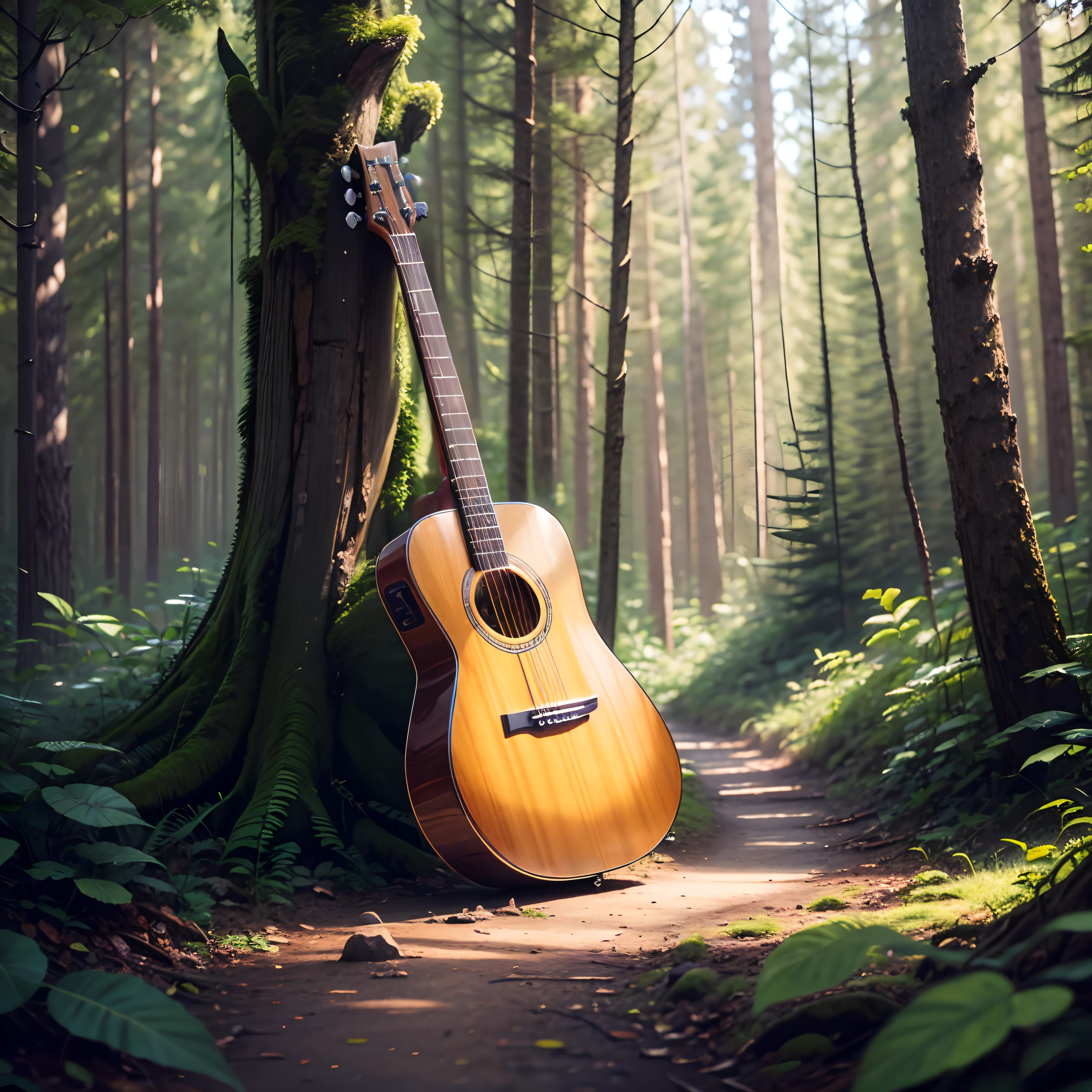 Stunningly a guitar in a forest, shine up, 8k, printable --auto