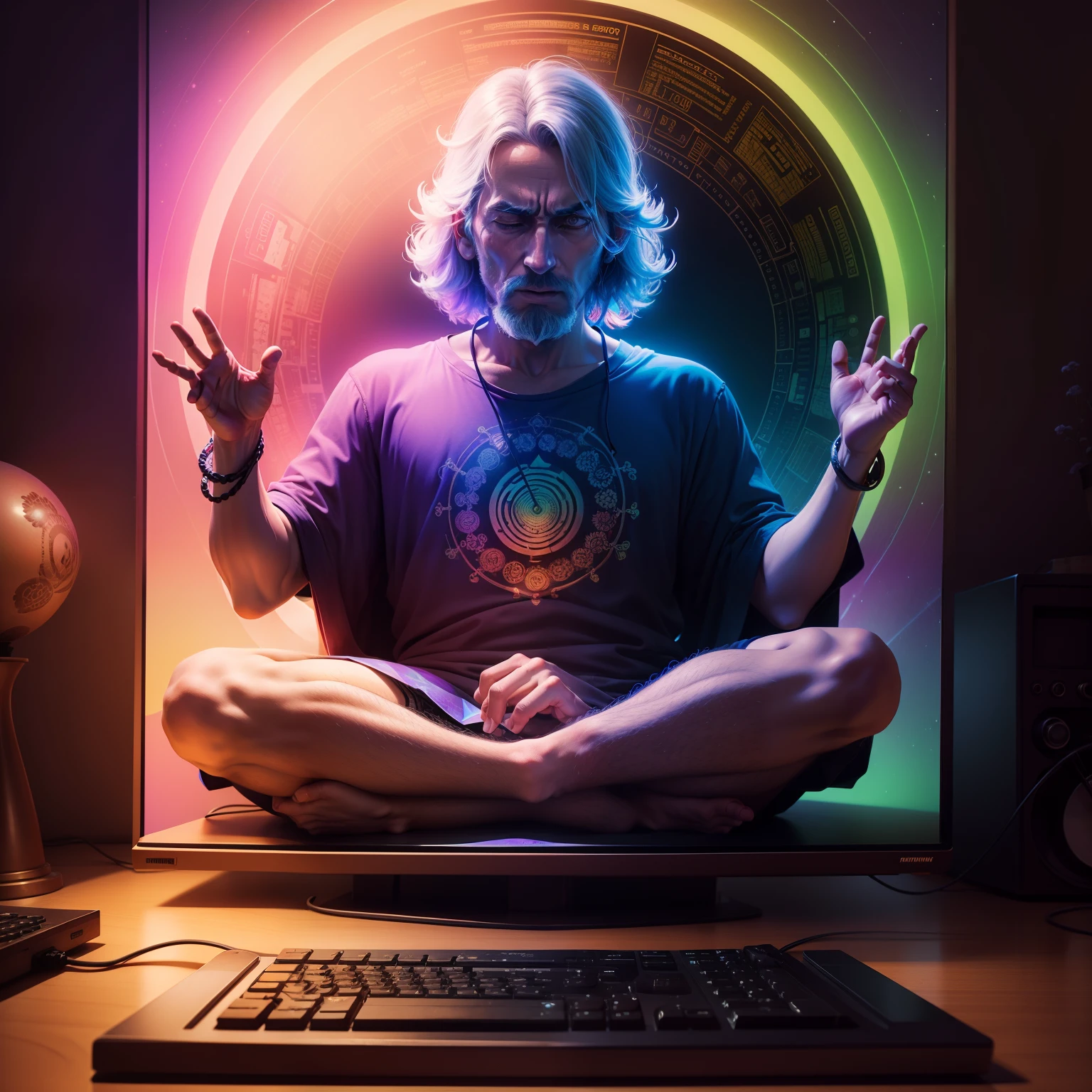 CRT display showing a man chanting mantra, aged computer BREAK (man: psychedelic coloring)