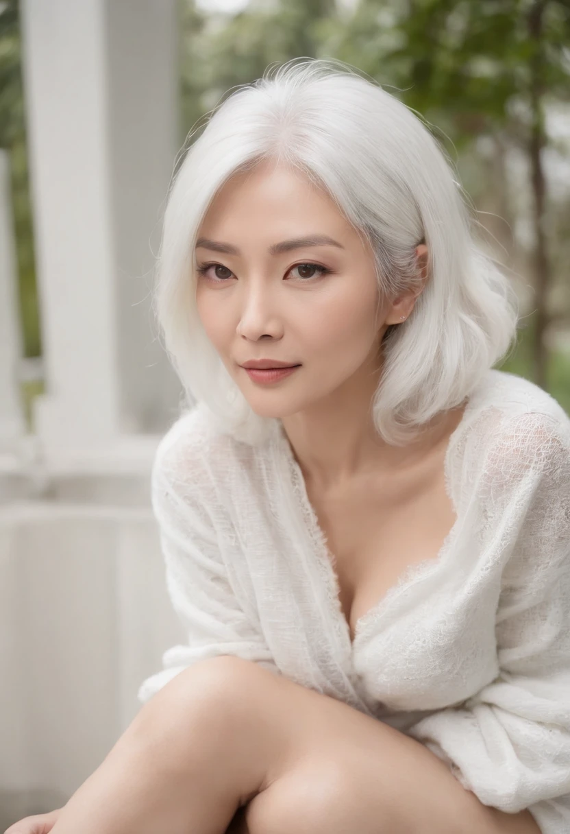 ((Superior Quality, 16 K, masterpiece: 1.3)), Ayami Shiina, 60 year old asian woman, Beautiful woman with her perfect age figure: 1.3, (((white hair)), ((beutiful breast: 1.3)), (souls, cloudy water)),, (浴室)), ((Pause), ((crouching down, open one's legs)), Stripes, Medium Hair、Black knitwear