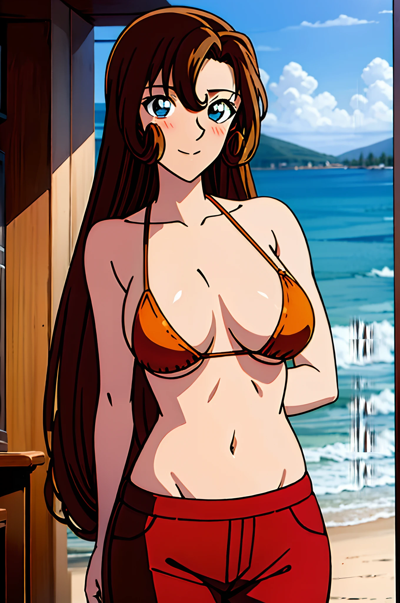 ((masterpiece)),((best quality)),ultra-detailed,illustration,1girl, solo, brown hair, long hair, flower, pants, midriff, crop top, breasts, looking at viewer, cleavage, belt, window, brown eyes, indoors, navel, medium breasts, bikini top, head tilt, knee up, closed mouth, bare shoulders, grey eyes, cloud, bangs, ,Beautiful body, Beautiful Nose, Beautiful character design, perfect eyes, perfect face, alluring, wallpaper, perfect lighting, Colorful, ultra highres,4K,photography, (Beautiful medium breasts:1.2),(beautiful face:1.2),(narrow waist), shiny skin, anime screencap ,from below, mature female, full body, meitantei conan, standing, ((milf)), 37 years old