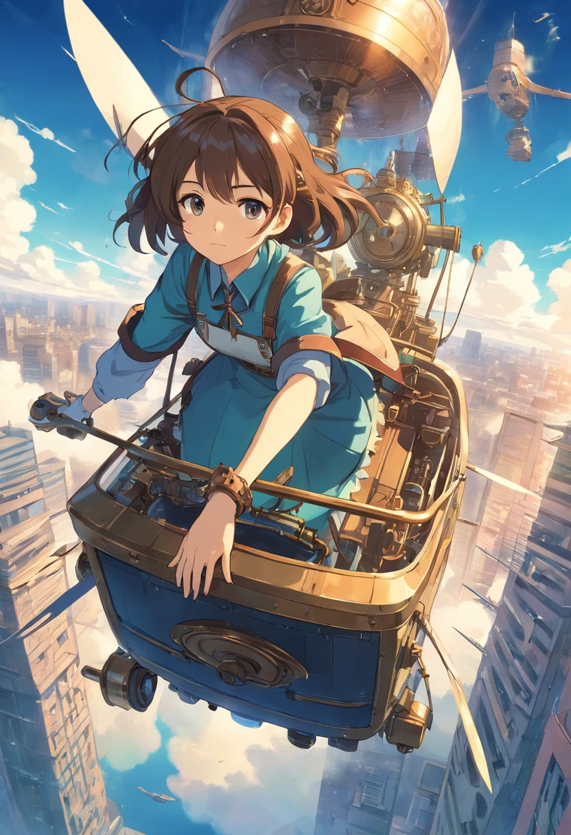 Chinese ink style，Steampunk world，Girl piloting steampunk flying machine，Suspended in the city air，Thick clouds，Ink animation art，Ink comic art，water ink，ink，Smudge，8K，Delicately portrayed，Works of masters，