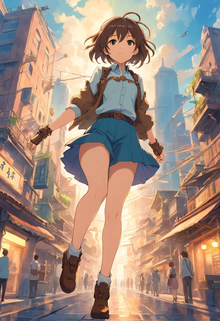 Chinese ink style，Steampunk world，Girl piloting steampunk flying machine，Suspended in the city air，Thick clouds，Ink animation art，Ink comic art，water ink，ink，Smudge，8K，Delicately portrayed，Works of masters，