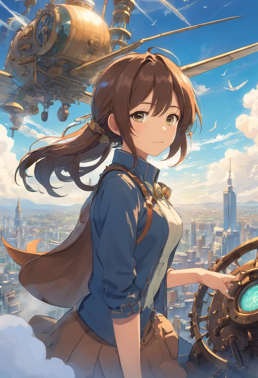 Chinese ink style，Steampunk world，Girl piloting steampunk flying machine，Suspended in the city air，Thick clouds，Ink animation art，Ink comic art，water ink，ink，Smudge，8K，Delicately portrayed，Works of masters，