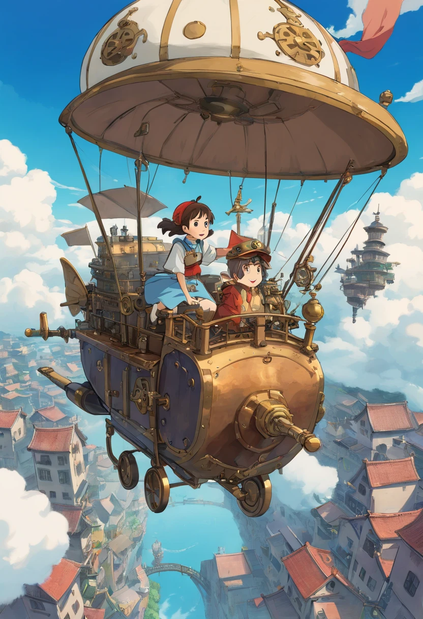 Chinese ink style，Steampunk world，Girl piloting steampunk flying machine，Suspended in the city air，Thick clouds，Ink animation art，Ink comic art，water ink，ink，Smudge，8K，Delicately portrayed，Works of masters，