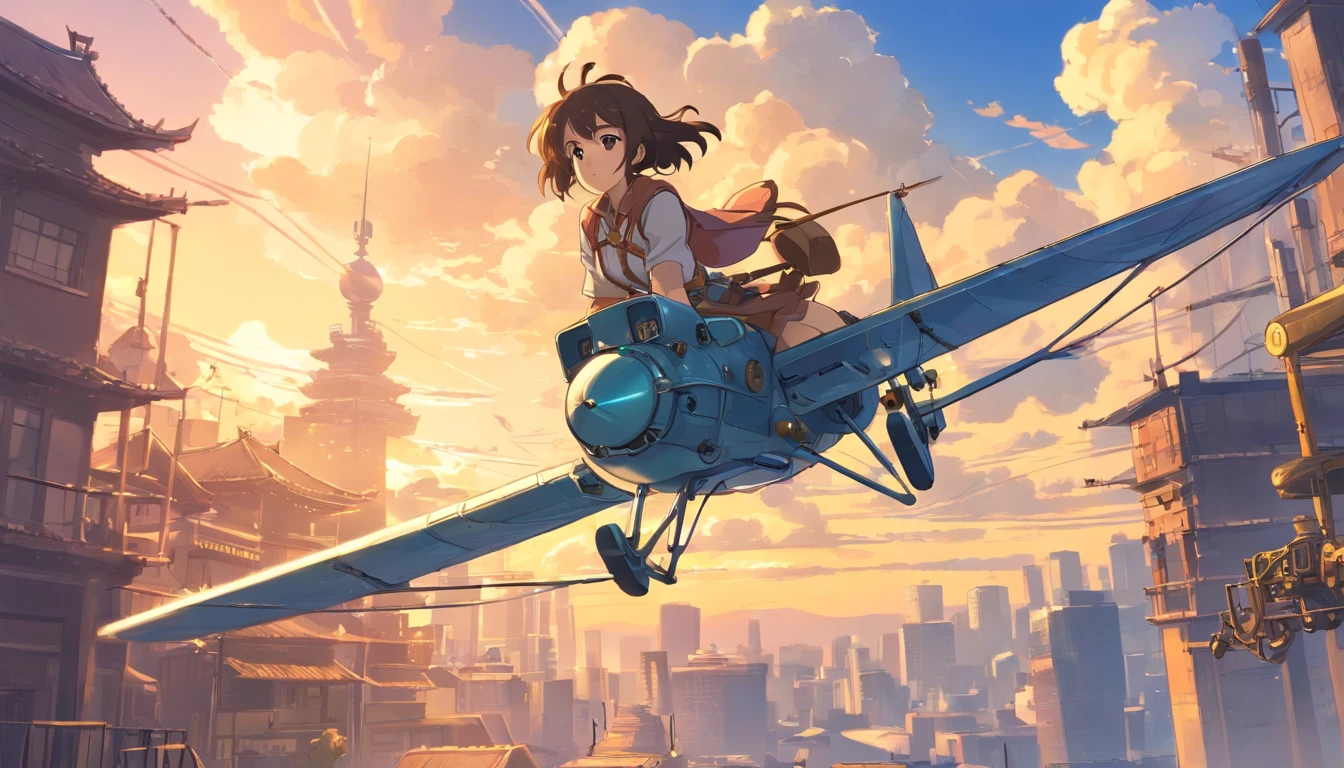 Chinese ink style,Steampunk world,Girl piloting steampunk flying machine,Suspended in the city air,Thick clouds,Ink animation art,Ink comic art,water ink,ink,Smudge,8K,Delicately portrayed,Works of masters,