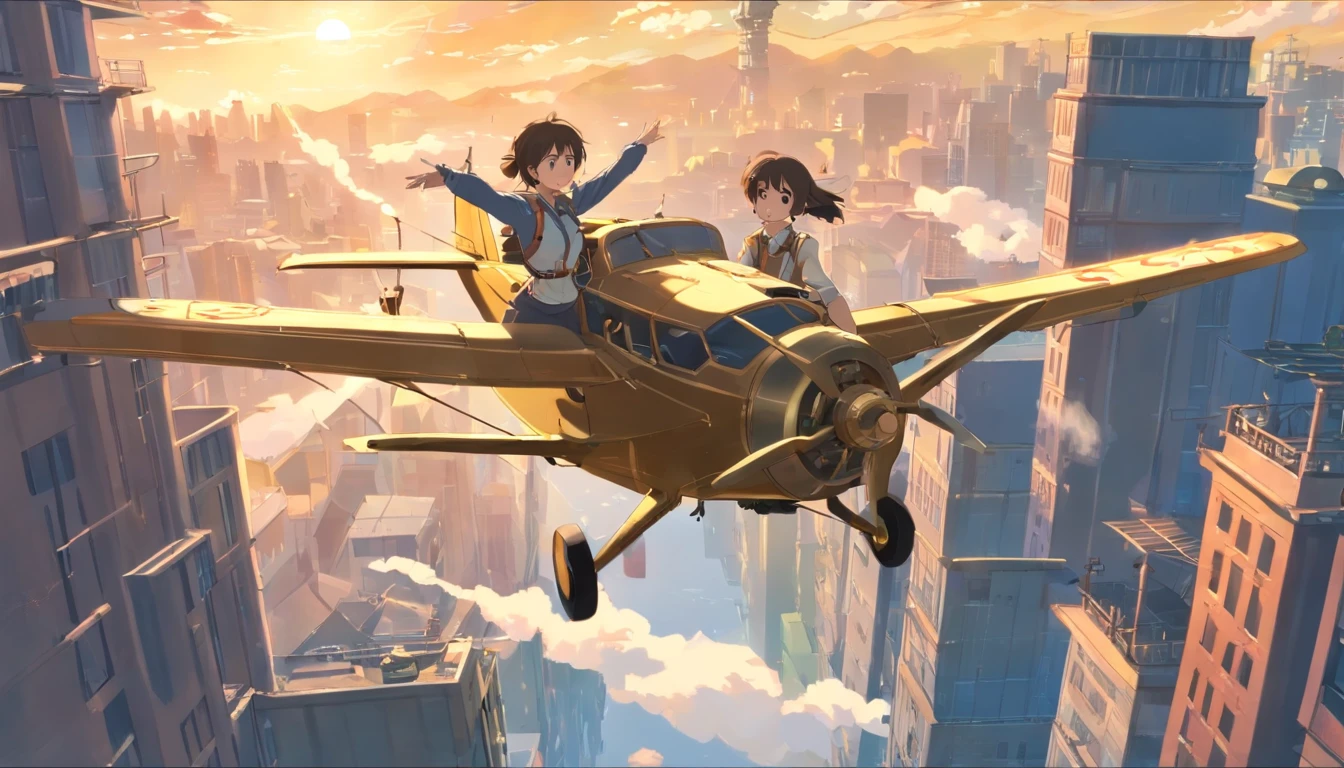 Chinese ink style,Steampunk world,Girl piloting steampunk flying machine,Suspended in the city air,Thick clouds,Ink animation art,Ink comic art,water ink,ink,Smudge,8K,Delicately portrayed,Works of masters,