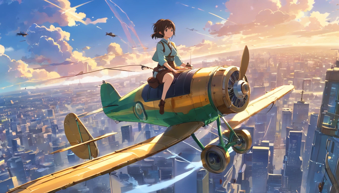 Chinese ink style，Steampunk world，Girl piloting steampunk flying machine，Suspended in the city air，Thick clouds，Ink animation art，Ink comic art，water ink，ink，Smudge，8K，Delicately portrayed，Works of masters，