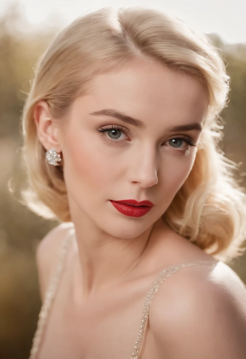 Blonde woman resembling the hyper-realistic bijoux de Charme of highly sexually aroused Audrey Hepburn and highly sexually aroused Marilyn Monroe