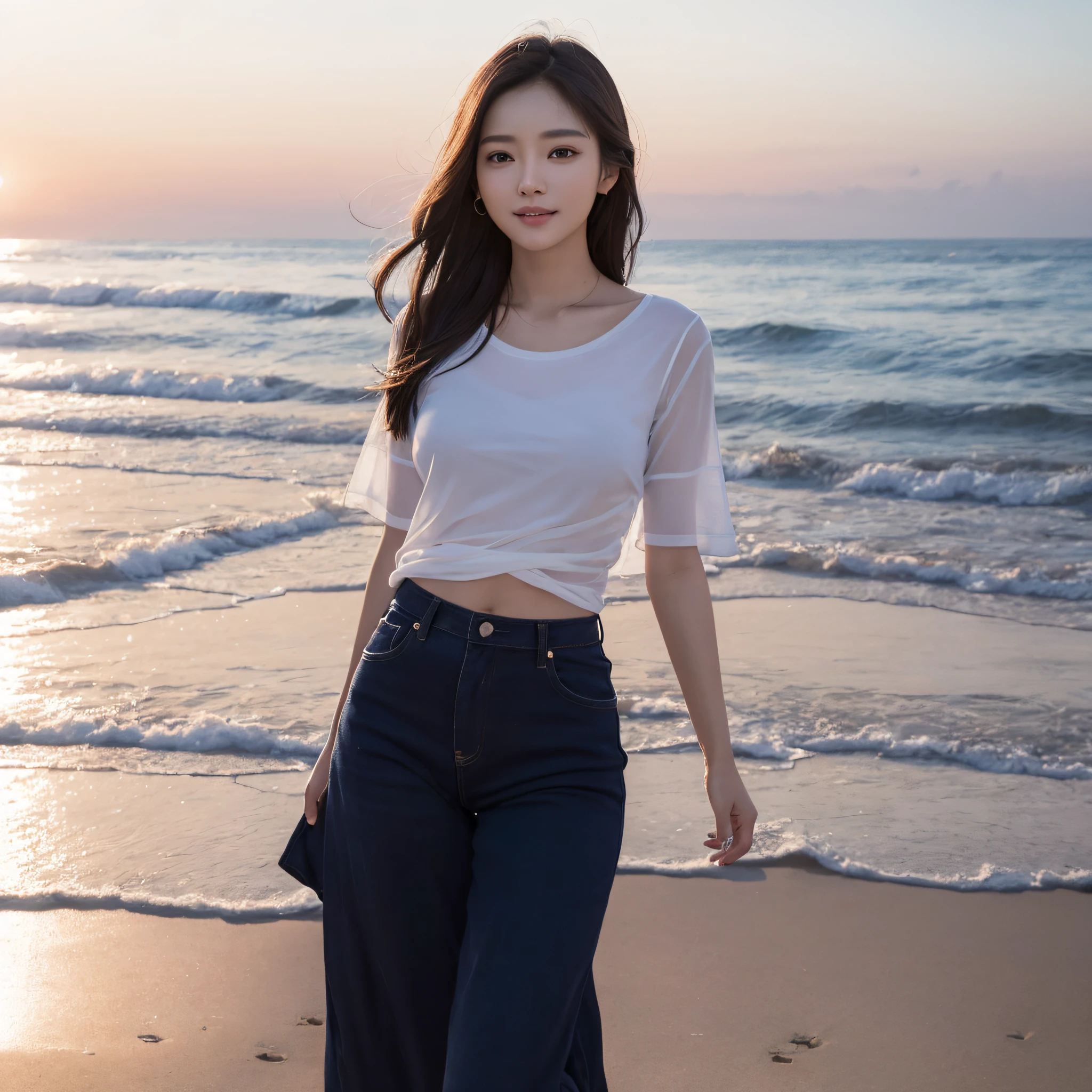 One lady、((best qualtiy、8k masterpieces:1.3))、foco nítido:1.2、(ultra beautiful faces:1.0)、(shinny skin:1.0)、photos realistic、A dark-haired、Video Lighting、High-definition eyes and face、Video Lighting、(Korean Cute Actress)、from the front side、medium breasts、Smile、Slender Abs Beauty、Whole body、wearing t-shirts、On the beach at night