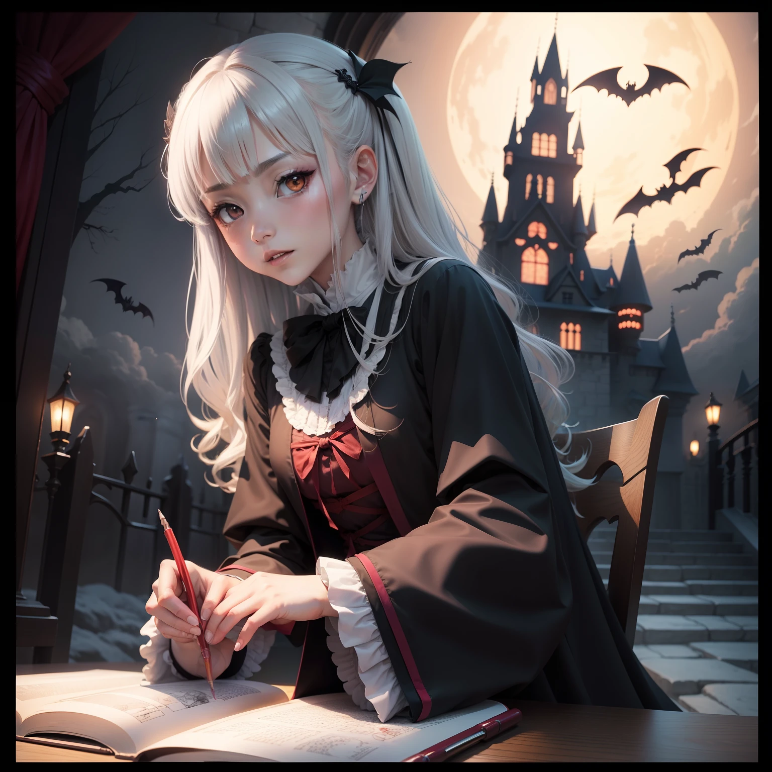 coloring book、Anime style、Dracula in the castle、Halloween、black-and-white、children's