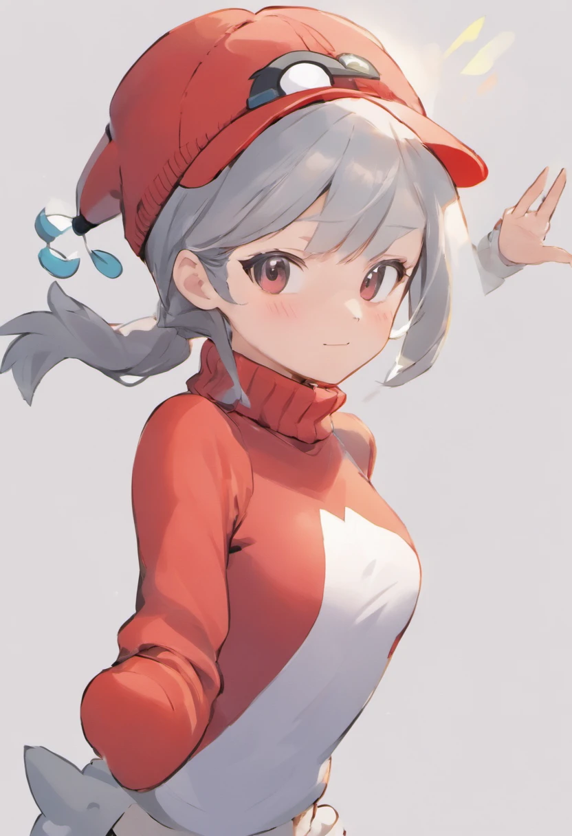 One girl、Bring your arms forward、Hand Par、Close-up of the subject's upper body、Composition of the subject seen from the front、Long sleeve red turtleneck knitted bird illustration、White shorts、Red Cap Cap、Gray ponytail、Pose with one arm thrust forward、
