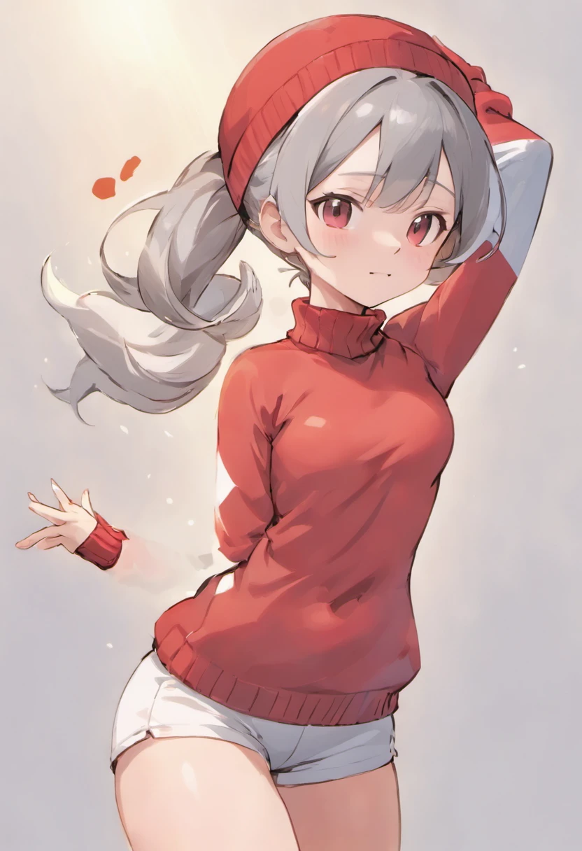 One girl、Bring your arms forward、Hand Par、Close-up of the subject's upper body、Composition of the subject seen from the front、Long Sleeve Red Turtleneck Knit、White shorts、Red Cap Cap、Gray ponytail、Pose with one arm thrust forward、