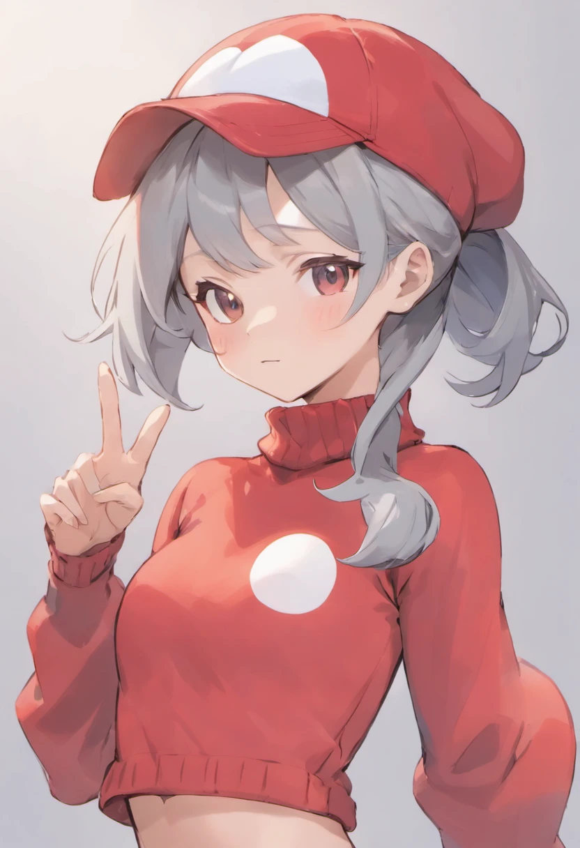 One girl、Bring your arms forward、Hand Par、Close-up of the subject's upper body、Composition of the subject seen from the front、Long Sleeve Red Turtleneck Knit、White shorts、Red Cap Cap、Gray ponytail、Pose with one arm thrust forward、