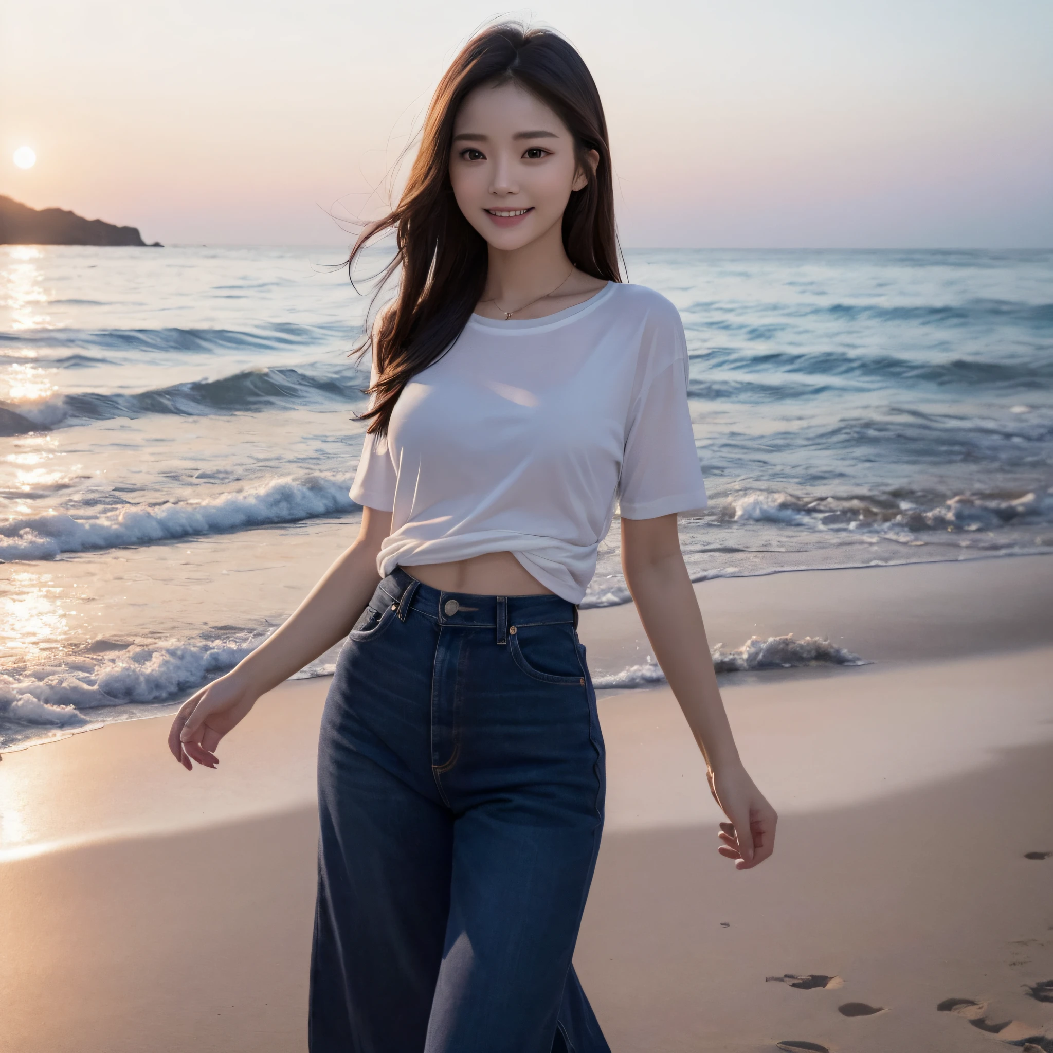 One lady、((best qualtiy、8k masterpieces:1.3))、foco nítido:1.2、(ultra beautiful faces:1.0)、(shinny skin:1.0)、photos realistic、A dark-haired、Video Lighting、High-definition eyes and face、Video Lighting、(Korean Cute Actress)、from the front side、medium breasts、Smile、Slender Abs Beauty、Whole body、wearing t-shirts、On the beach at night