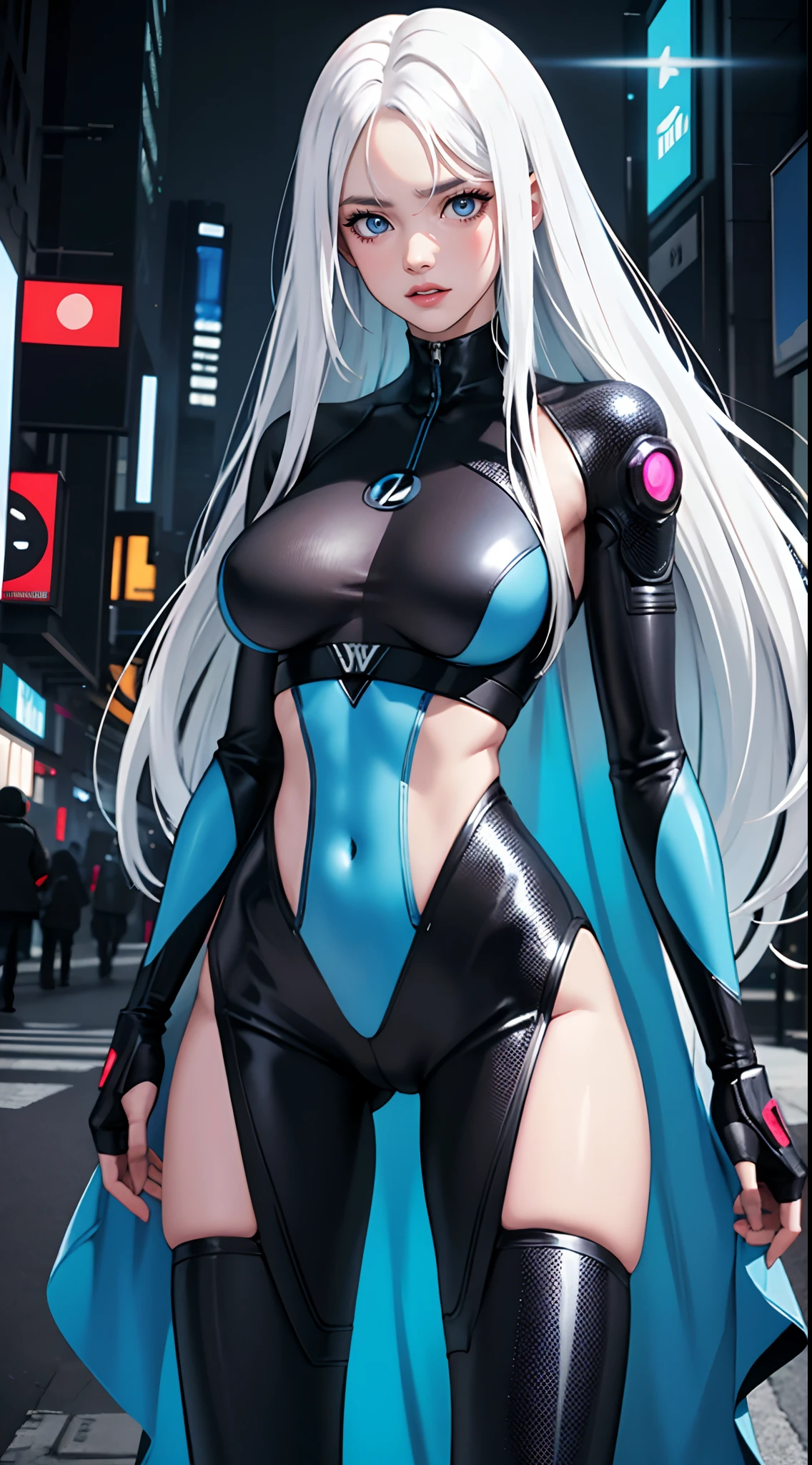 portrait, cyberpunk personnage, 1girl, long white hair, blue eyes, perfect slim fit body, large breasts, cybercity streets