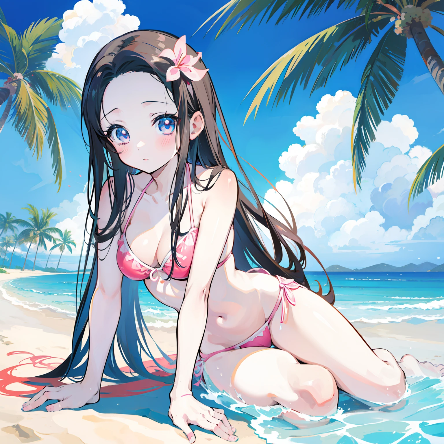 anime girl in bikini on the beach with palm trees, in the beach, at a beach, at the beach, seductive anime girl, on a sunny beach, on a beach, marin kitagawa fanart, at a tropical beach, beautiful anime girl, nezuko, nezuko-chan, anime moe artstyle, realistic bikini, beaching, attractive anime girl