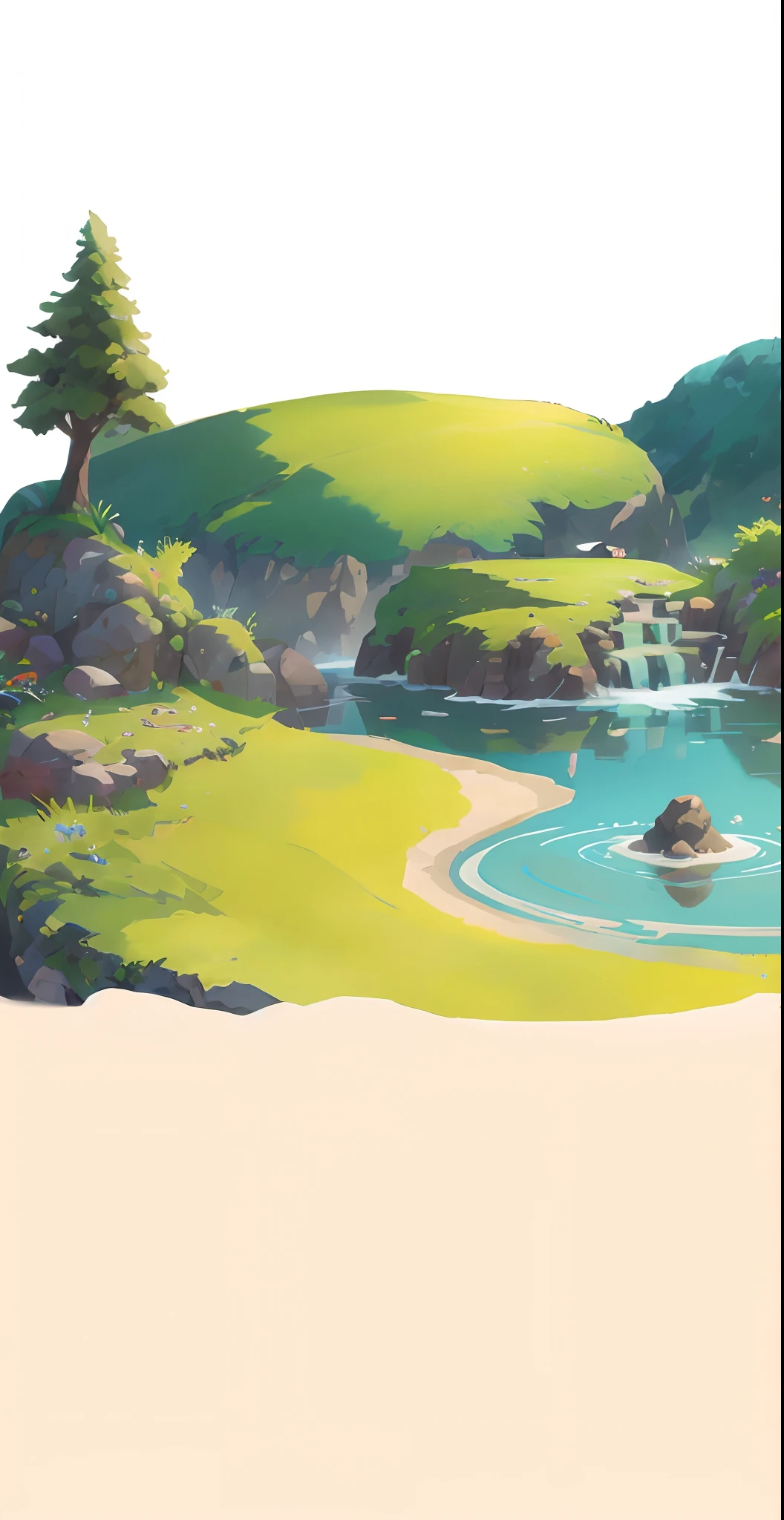 Chinese ancient times, spring, jungle, lake, cave, waterfall, tree, meadow, rock, hot spring, a plant,volcanoes,coconut palms,Antiquity,jurassic,Ancient plants,rios,grass field,Eau,small stream,sandbeach,grassy fields,Faraway view,mont,volcanoes,cliff,clouds,sun light, water vapor, brightly,verdure,Grass green,The colors are expressive,vibrant with colors,illustration,Cartoon drawing,Lively children's drawing,Illustrations in storybooks,Cartoon coloring page,KIDS ILLUSTRATION,Disney,cartoony,Paramount,dreamworks,(illustration: 1.0), epic composition, realistic lighting, HD details, masterpiece, best quality, (very detailed CG unified 8k wallpaper)