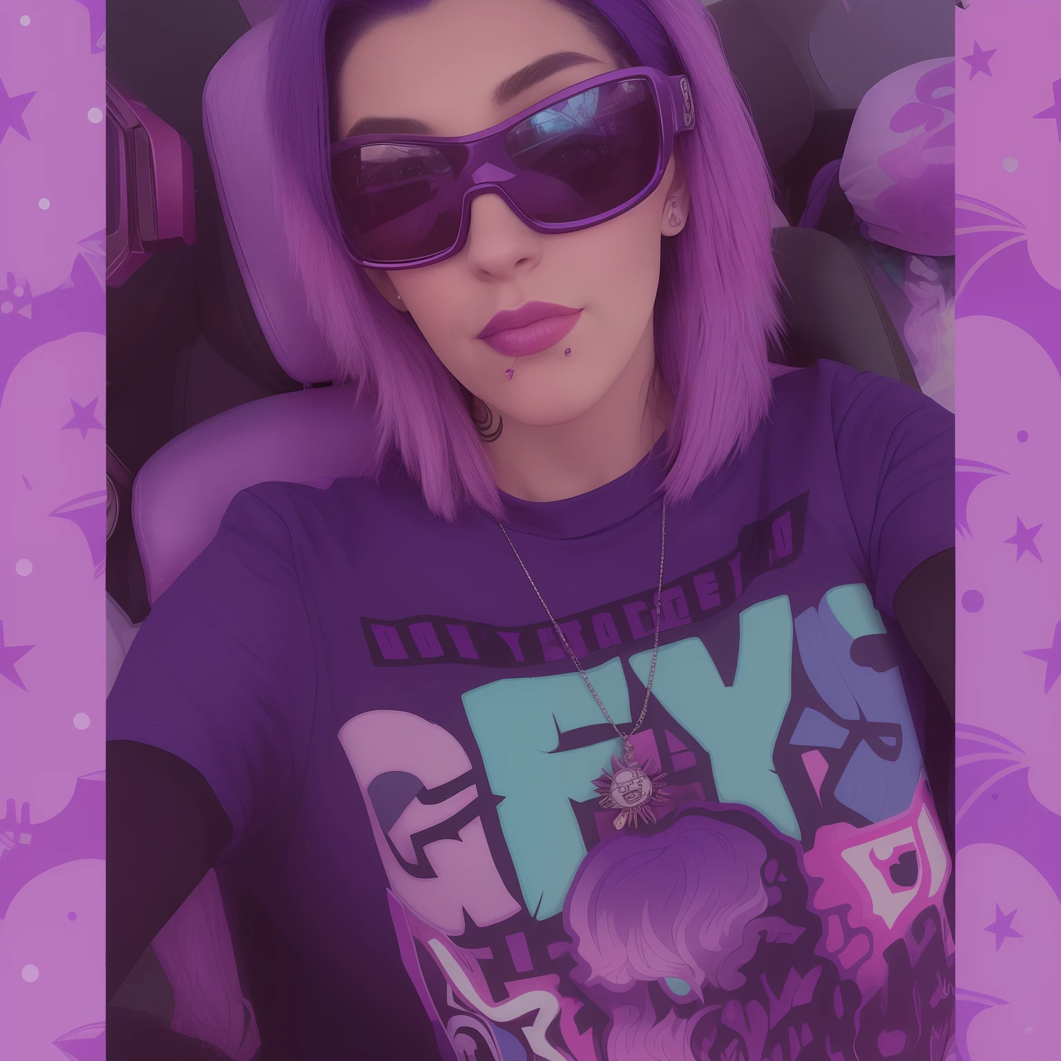 arafed woman in a car wearing a grey shirt and sunglasses, alex yanes and lisa frank, style alex gray, dressed in crustpunk clothing, wearing purple undershirt, dark purple hair and cybernetics, profile picture 1024px, she has purple hair, taken in the early 2020s, cory loftis, not cropped